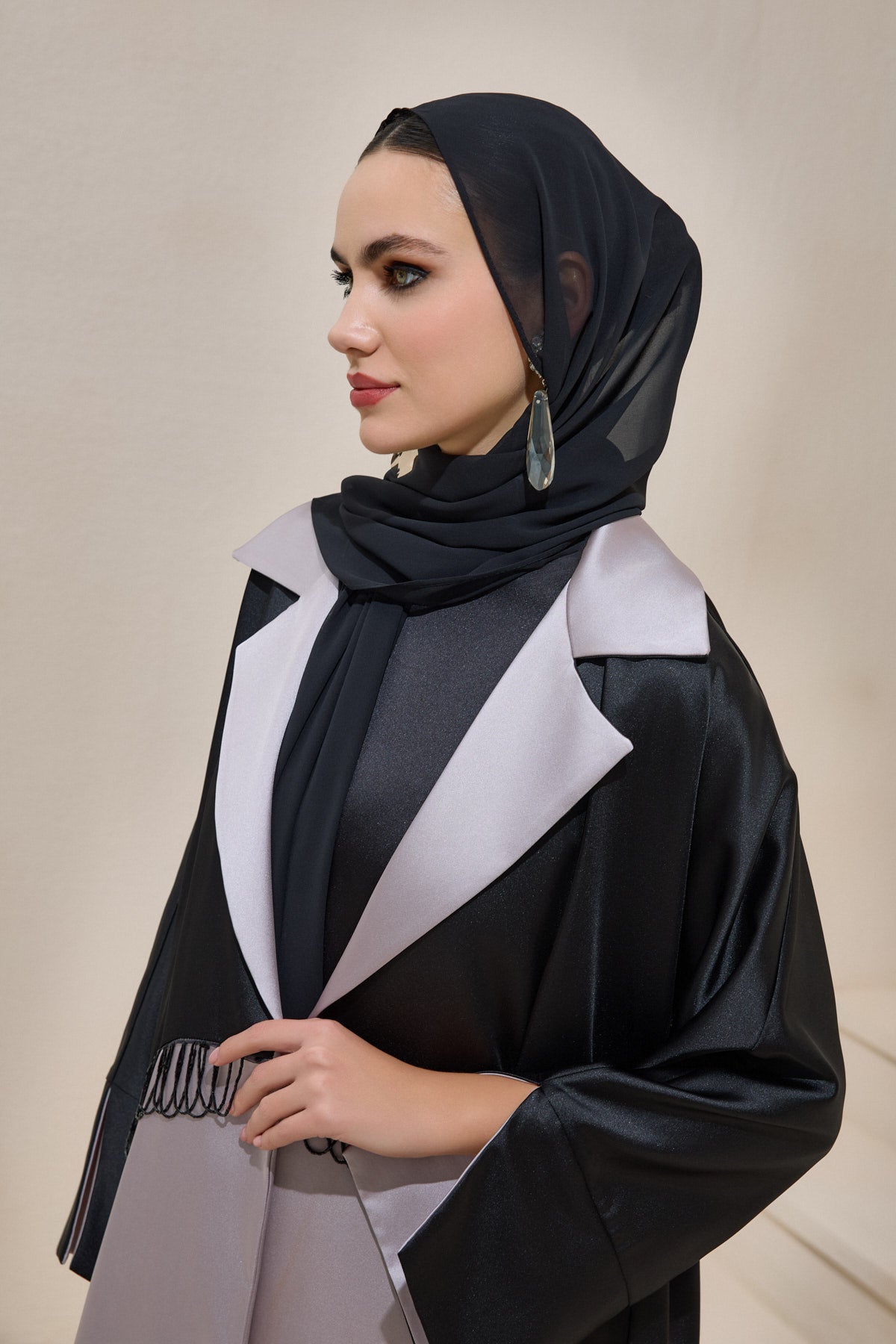 Satin Black Pearl Detailed Black and Mink Abaya