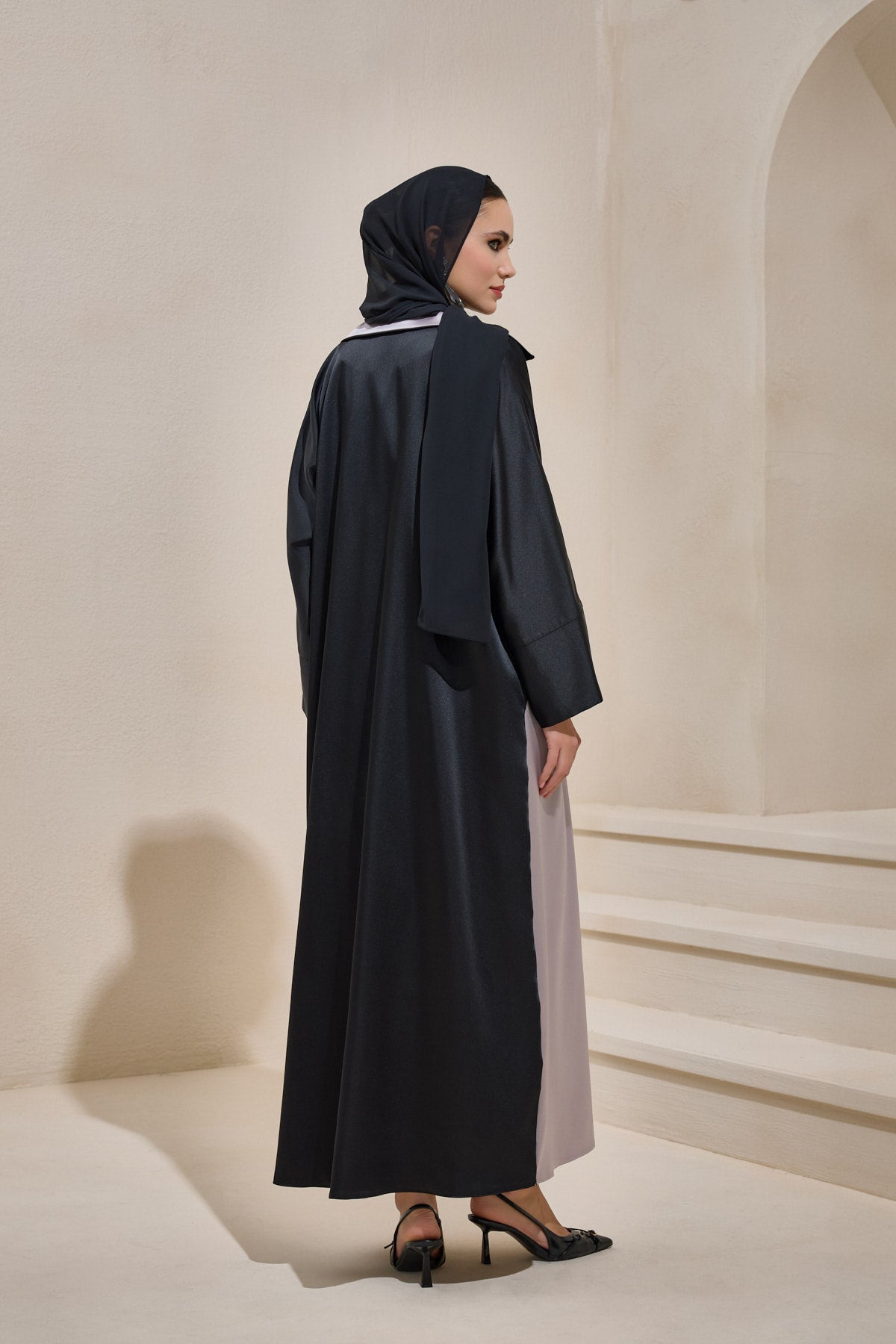 Satin Black Pearl Detailed Black and Mink Abaya