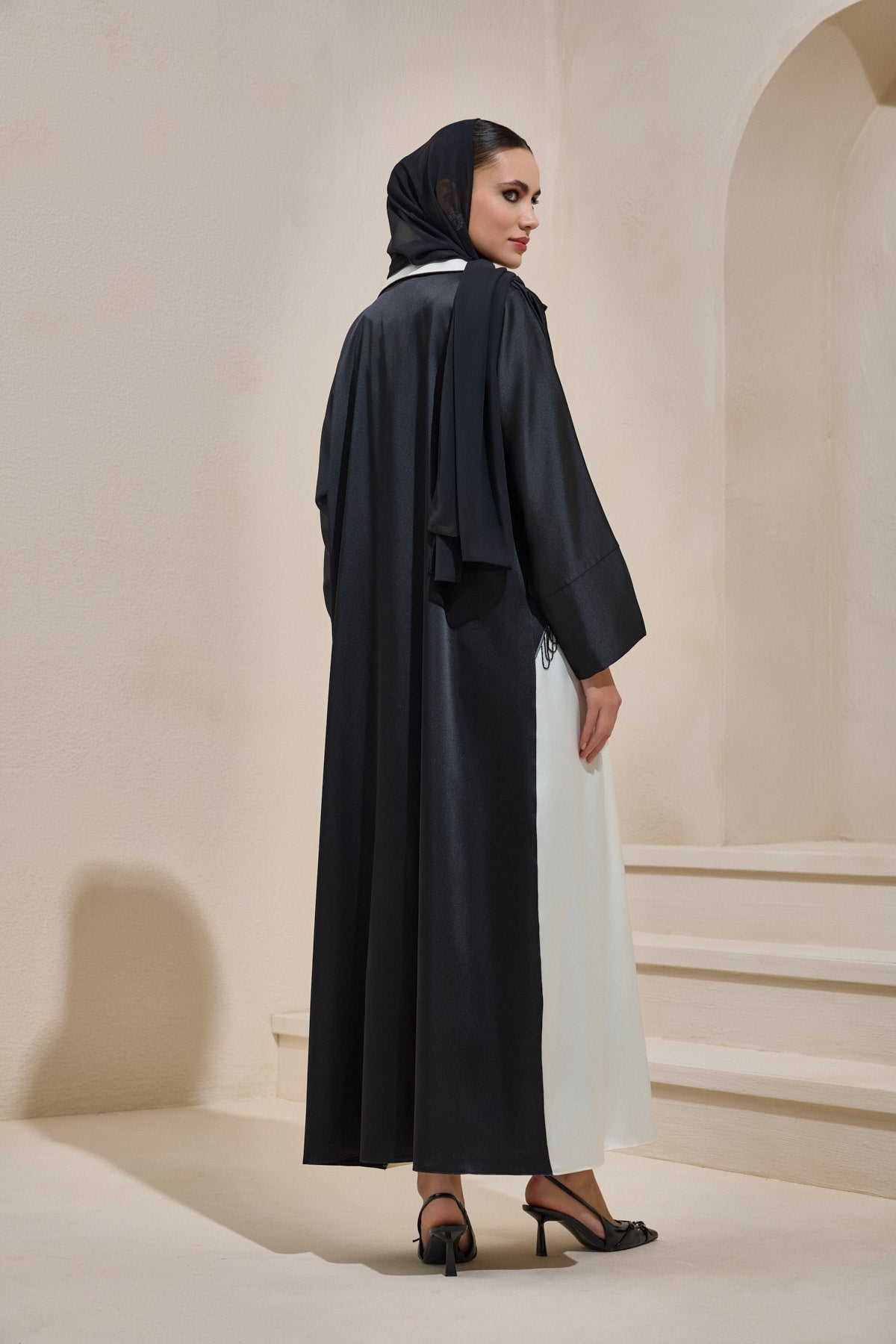 Satin Black Pearl Detailed Black and Ecru Abaya