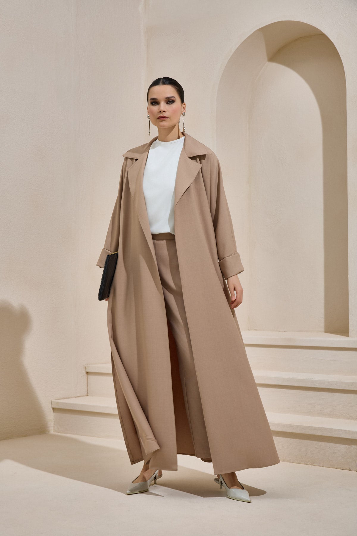 Light Brown Business Casual Abaya Set with Trousers