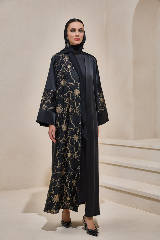 Black Gold Brocade Abaya Set with Shawl