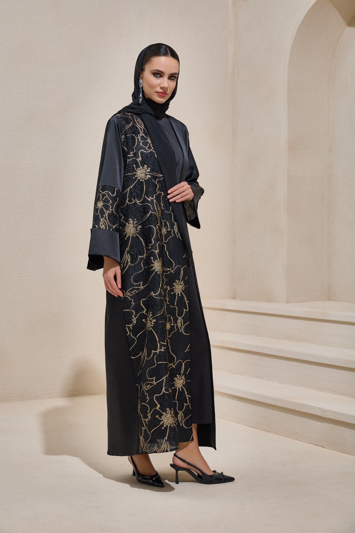 Black Gold Brocade Abaya Set with Shawl