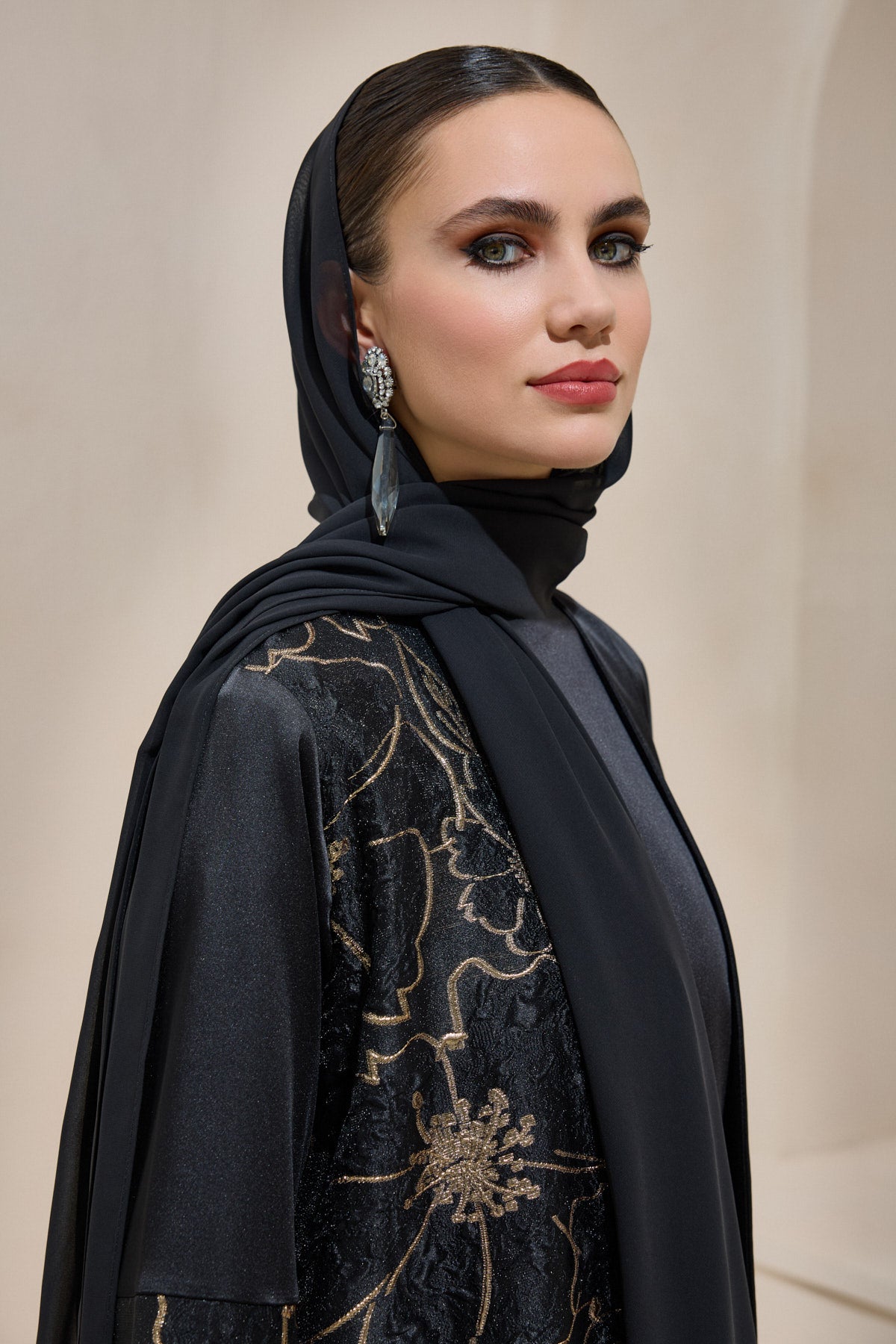 Black Gold Brocade Abaya Set with Shawl