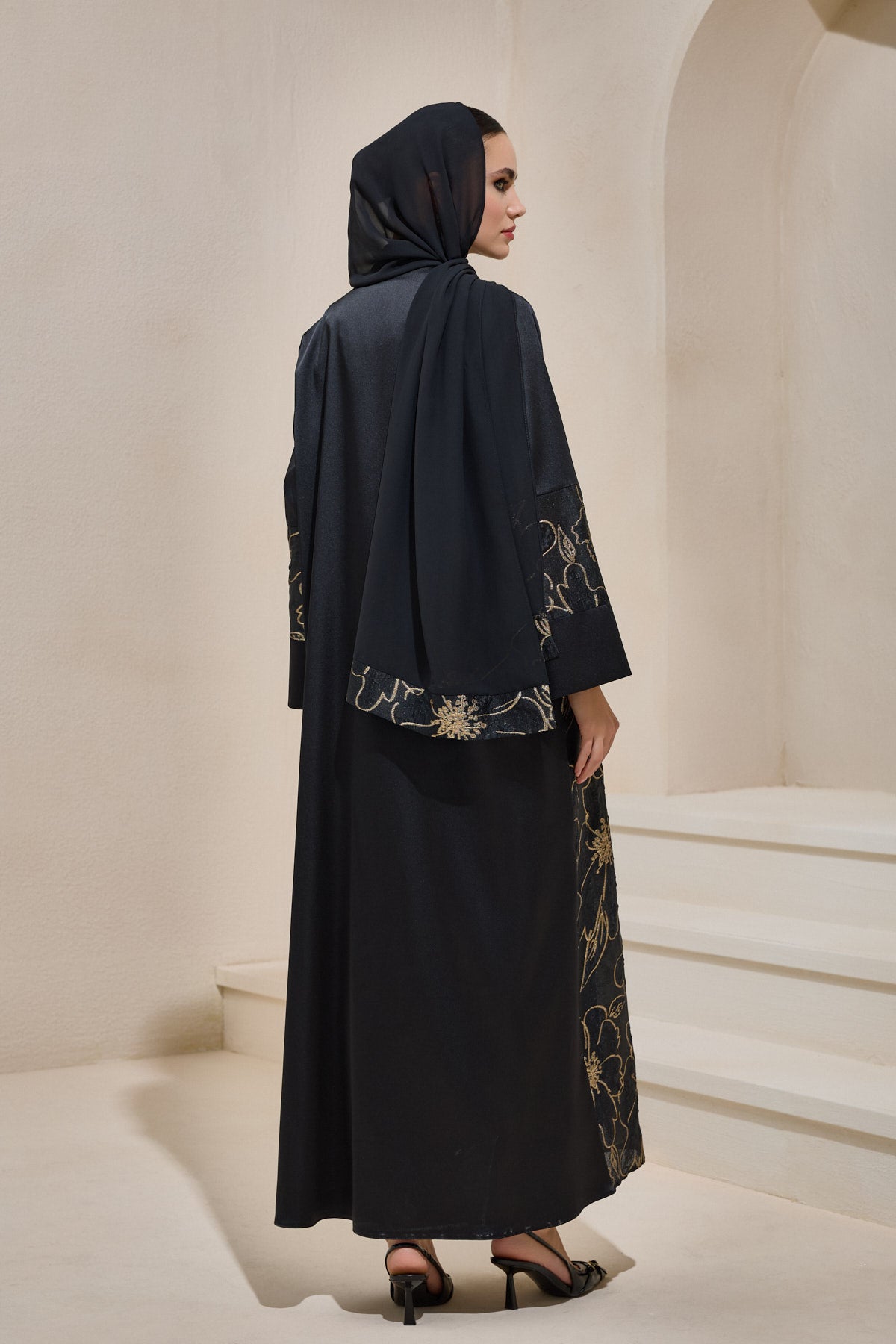 Black Gold Brocade Abaya Set with Shawl