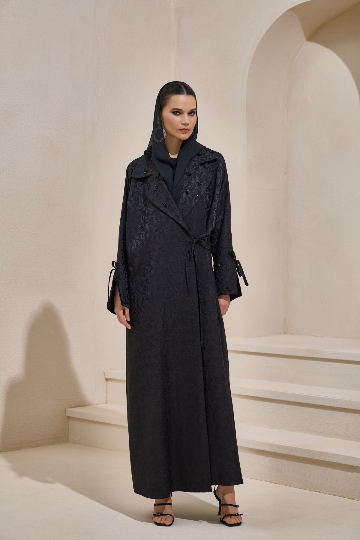 Black Crystal Embellished Brocade Abaya