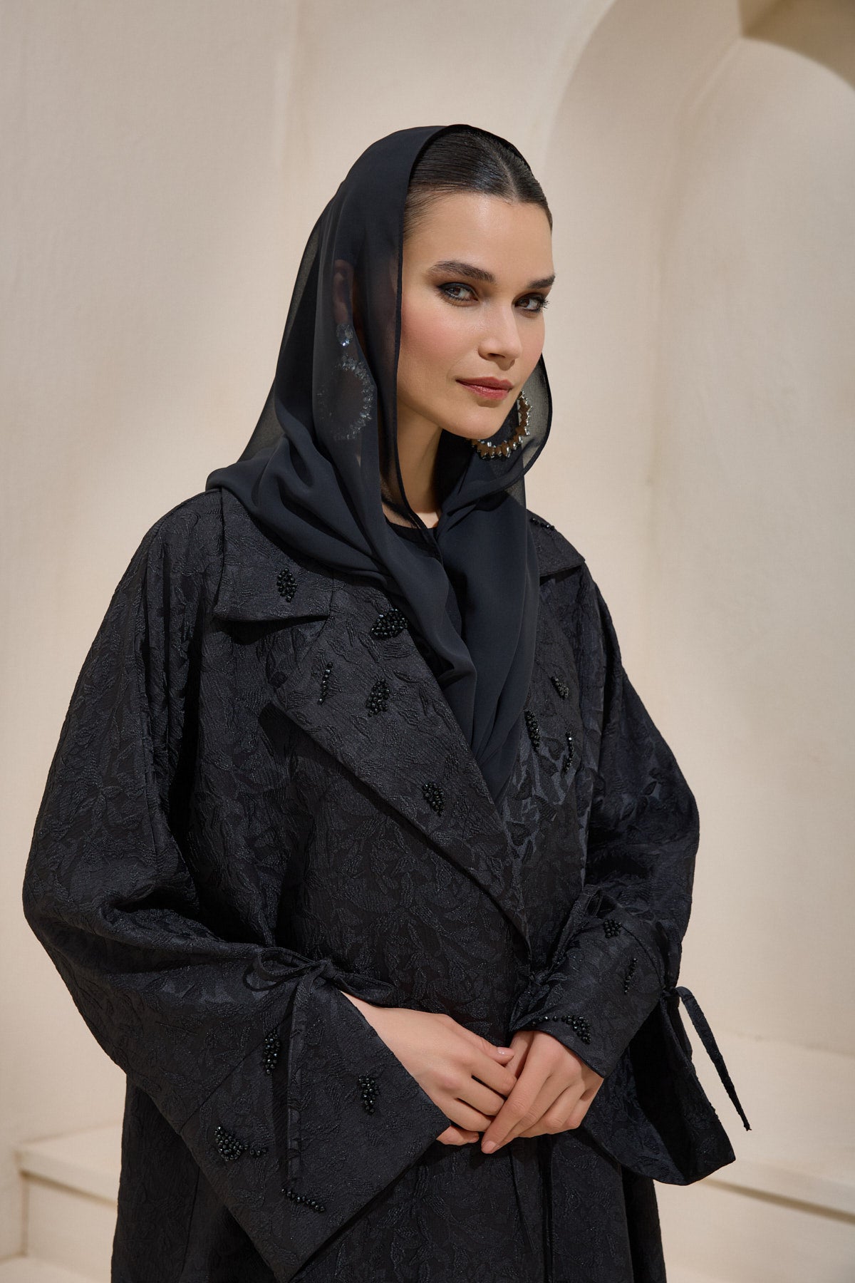 Black Crystal Embellished Brocade Abaya