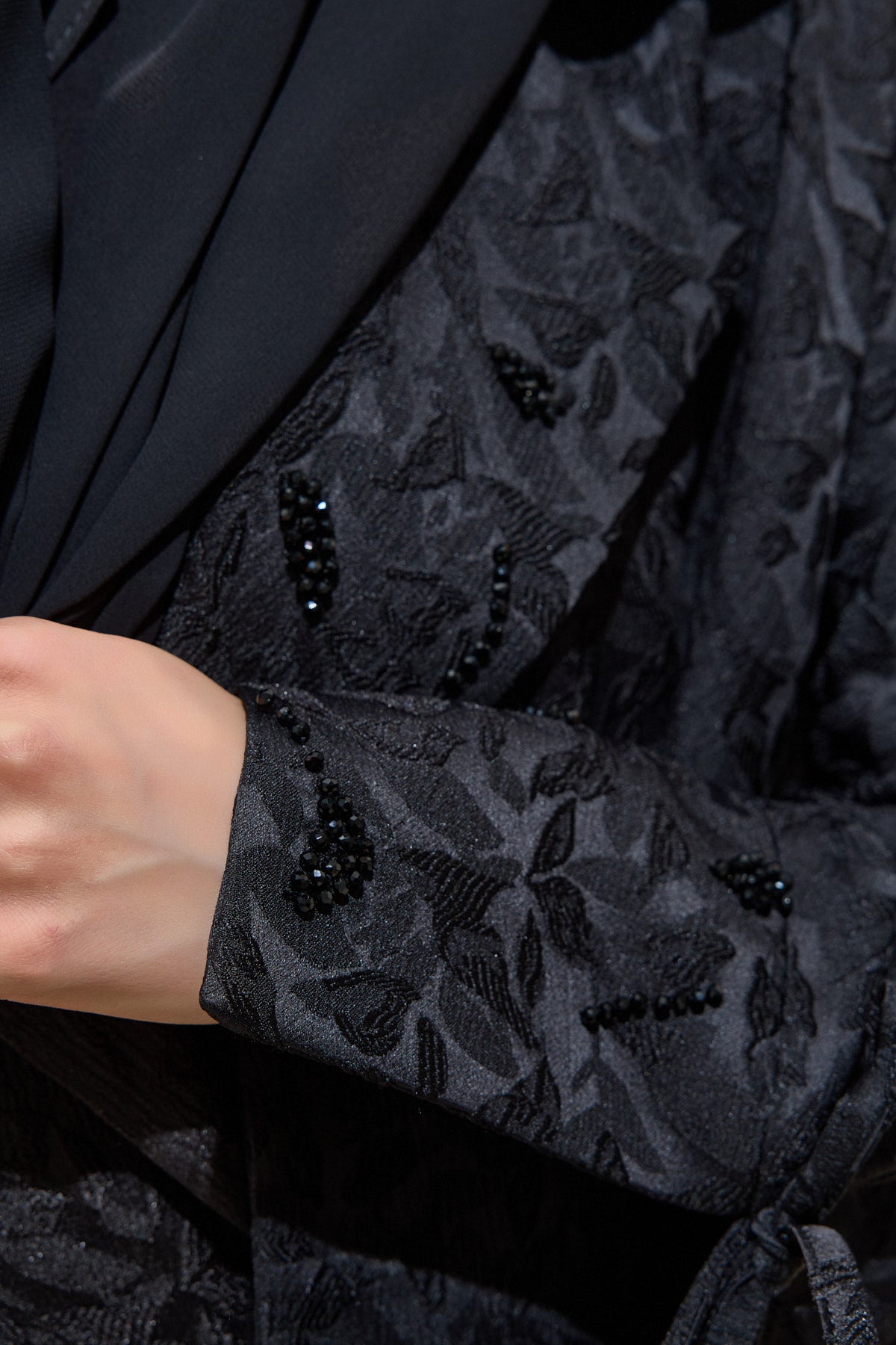 Black Crystal Embellished Brocade Abaya