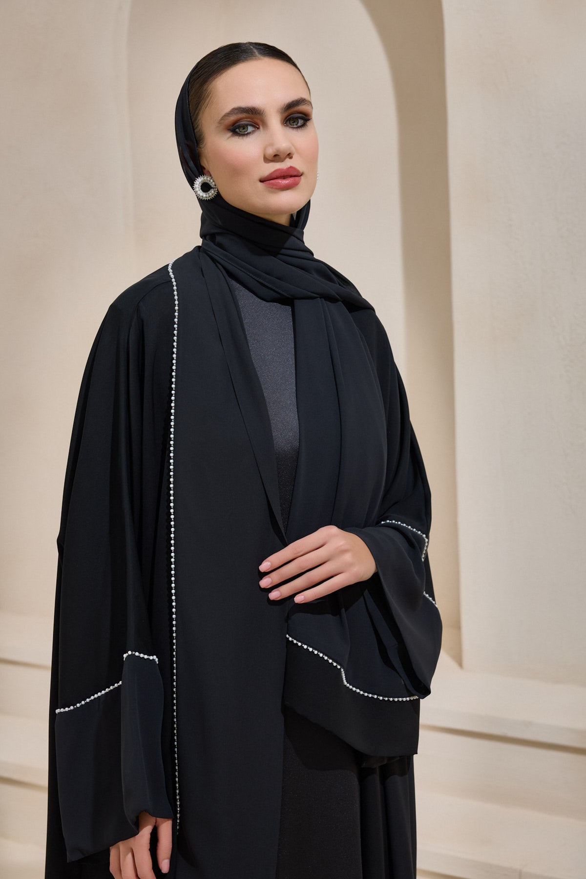 Pearl Embellished Black Abaya Set with Shawl