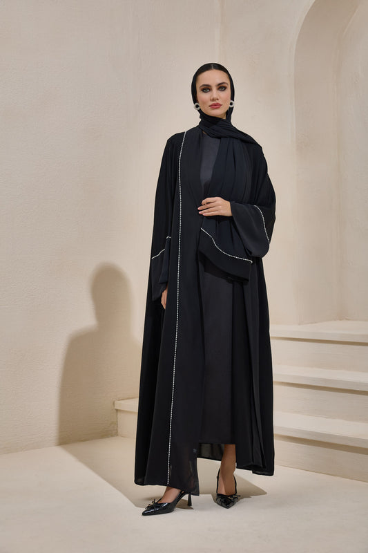 Pearl Embellished Black Abaya Set with Shawl