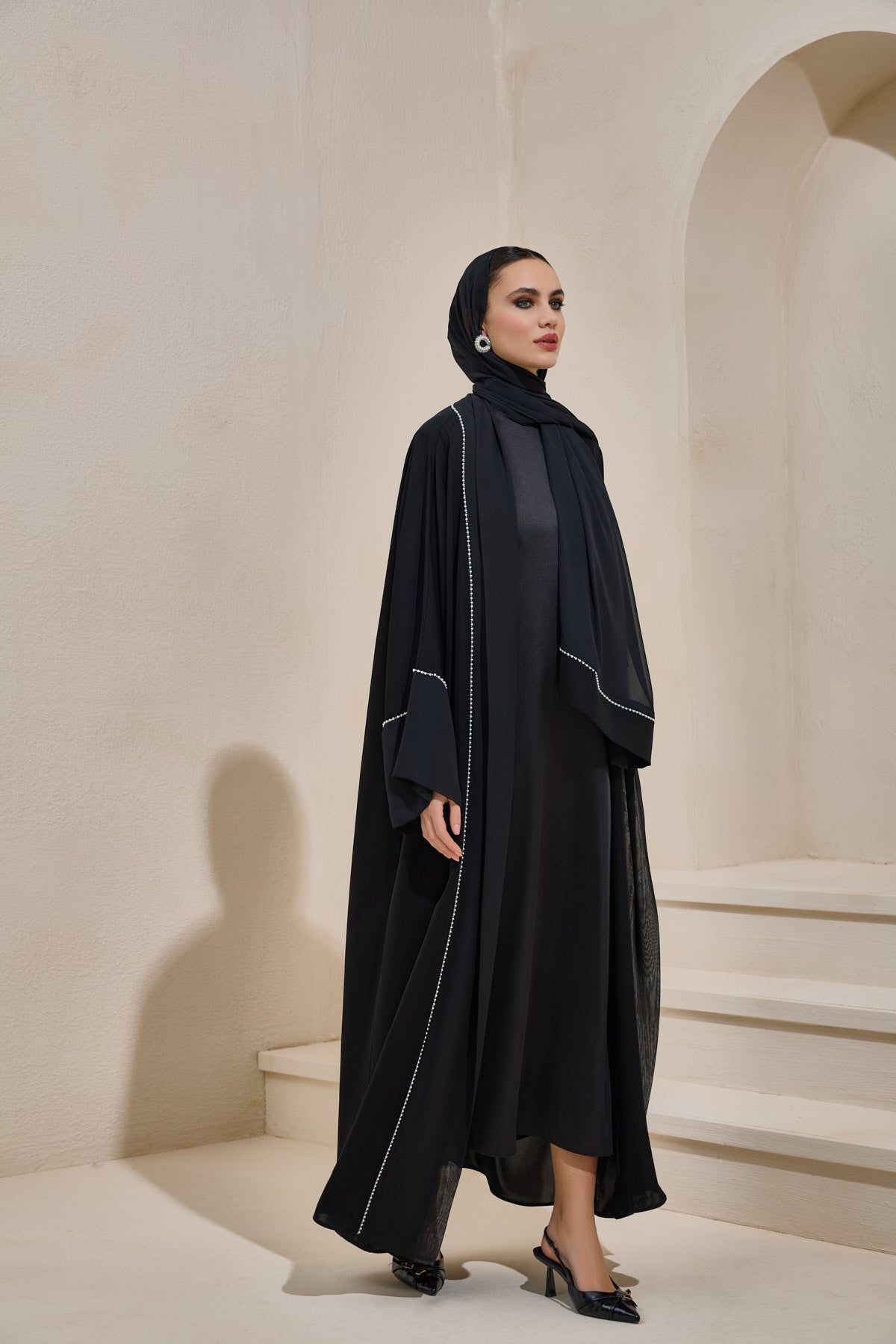 Pearl Embellished Black Abaya Set with Shawl