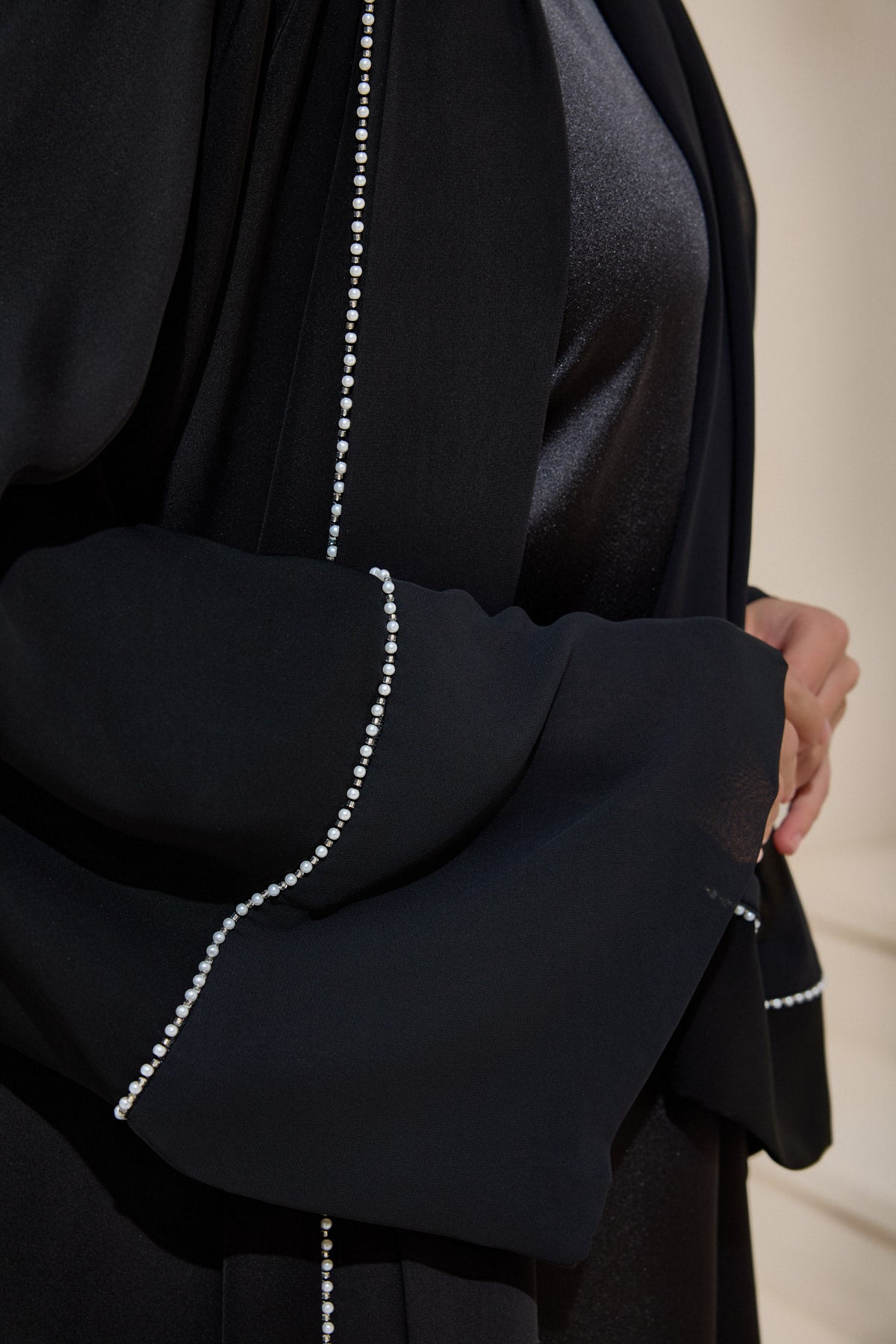 Pearl Embellished Black Abaya Set with Shawl