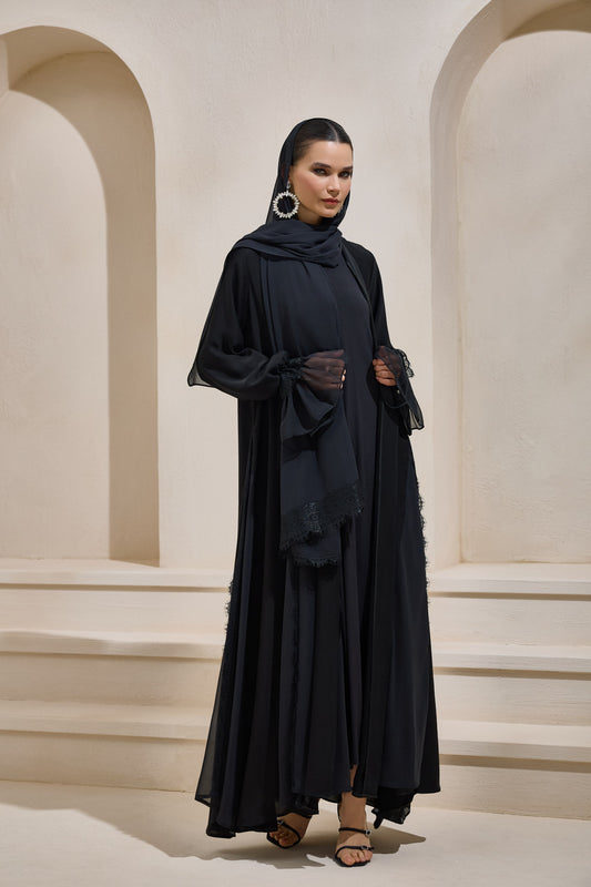 Black Chiffon and Lace Detailed Abaya and Shawl Set