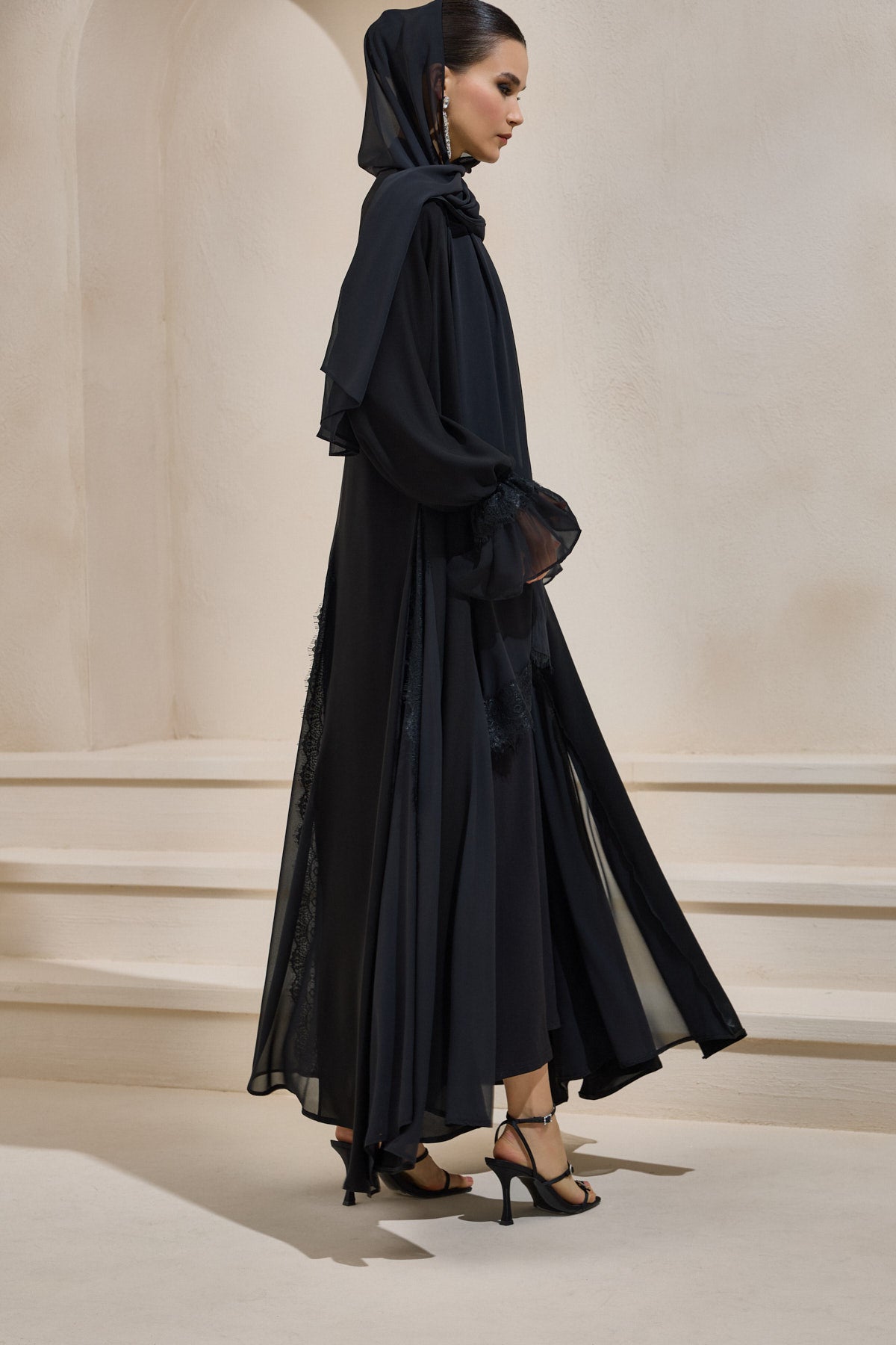 Black Chiffon and Lace Detailed Abaya and Shawl Set