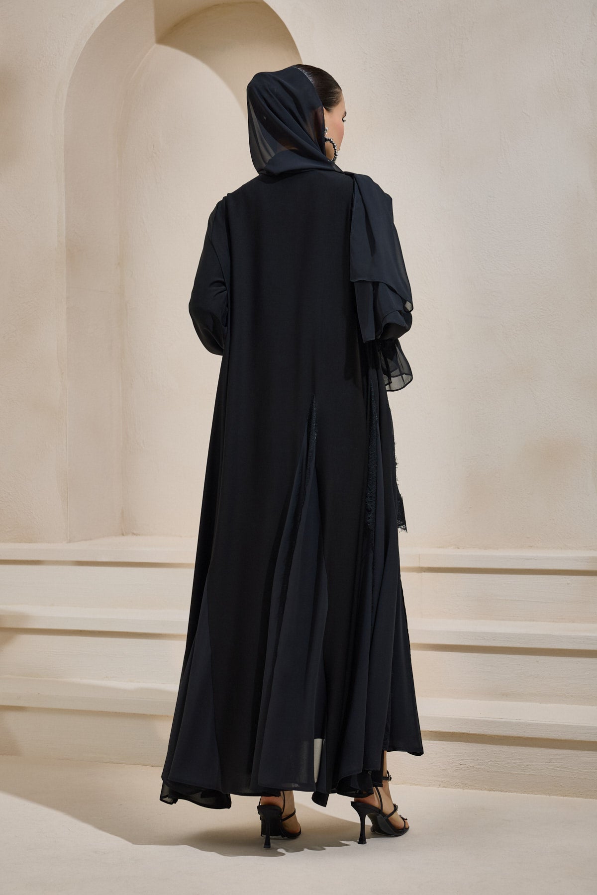 Black Chiffon and Lace Detailed Abaya and Shawl Set