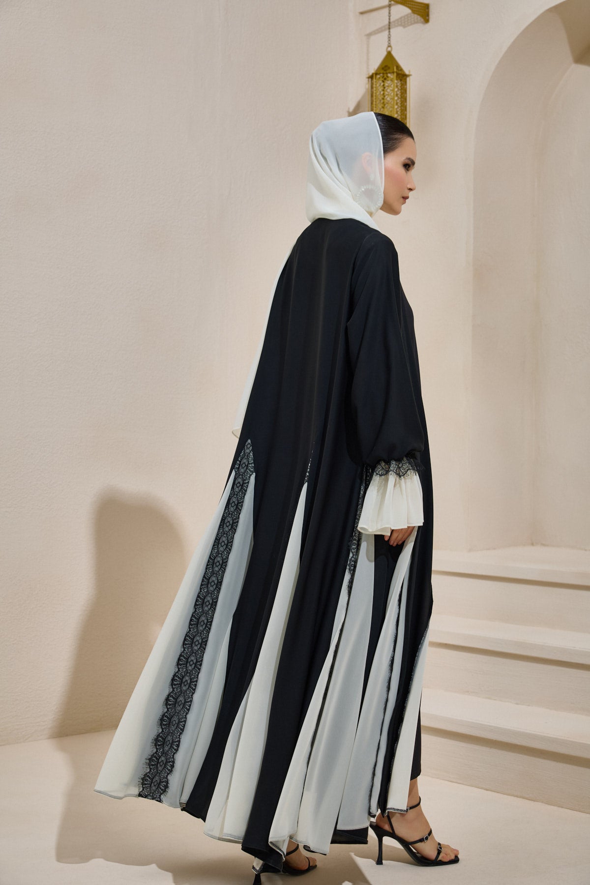 Black Ecru Chiffon and Lace Detailed Abaya and Shawl Set