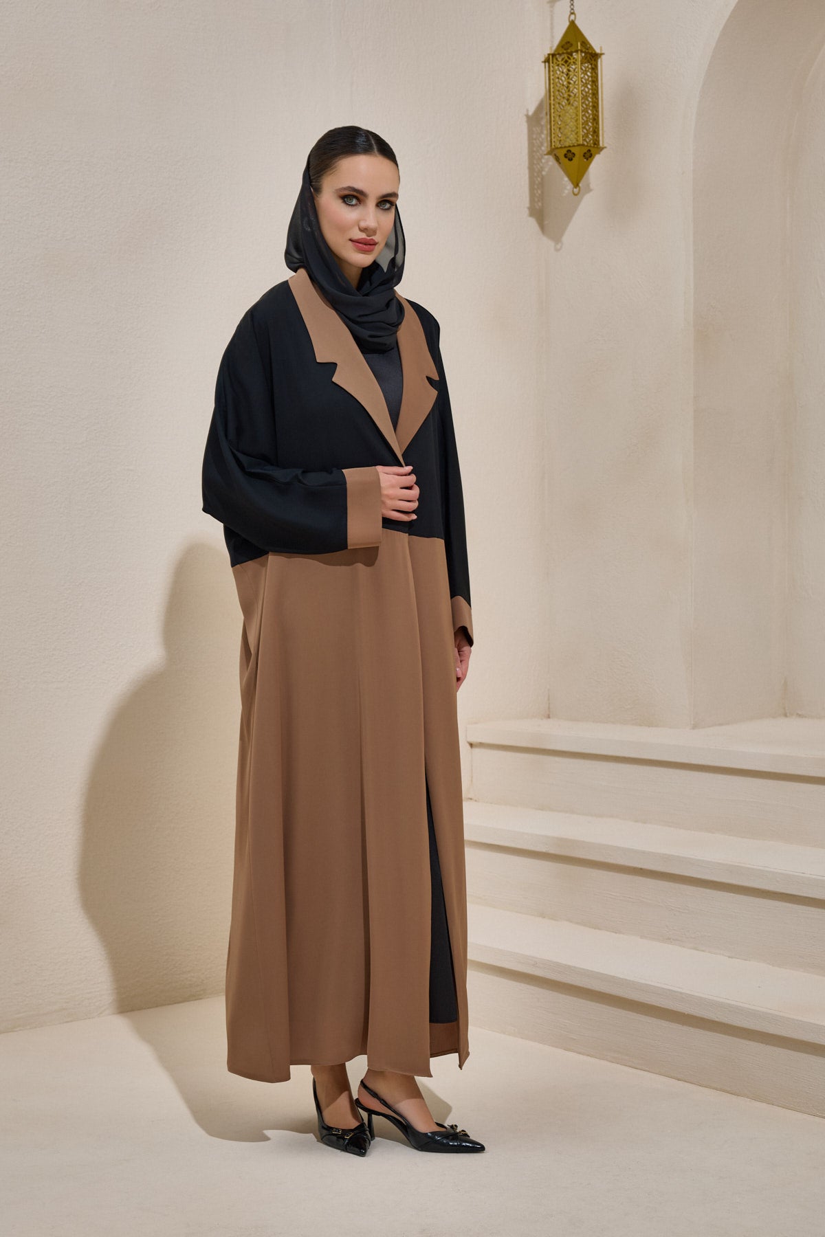 Brown and Black Abaya Set with Shawl