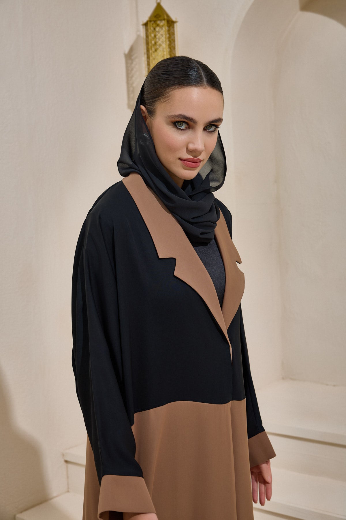 Brown and Black Abaya Set with Shawl