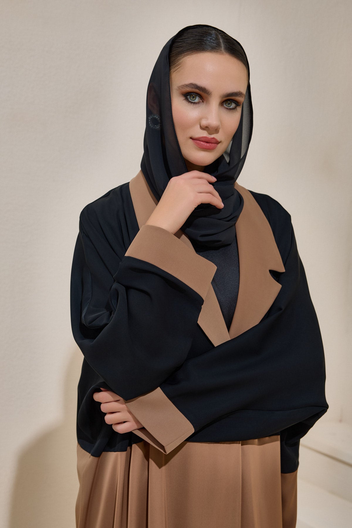 Brown and Black Abaya Set with Shawl