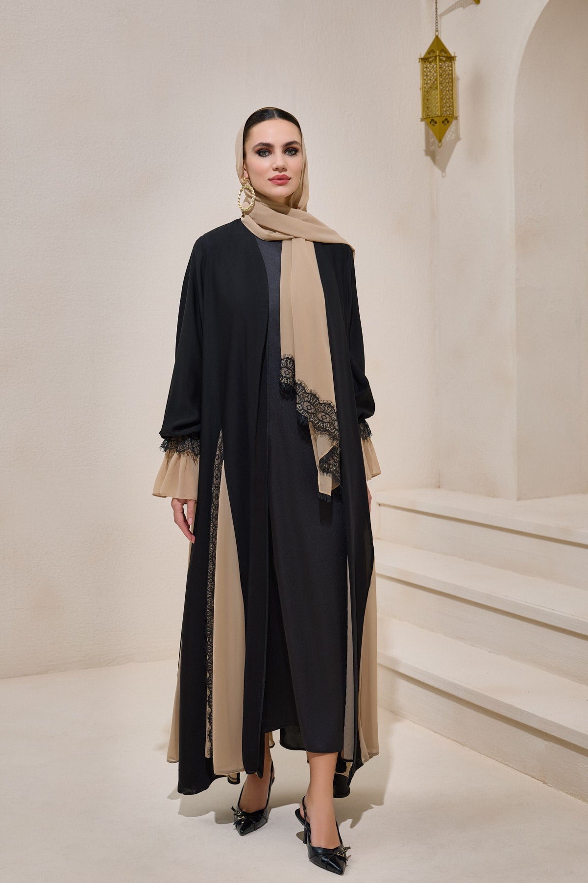 Black Mink Chiffon and Lace Detailed Abaya and Shawl Set