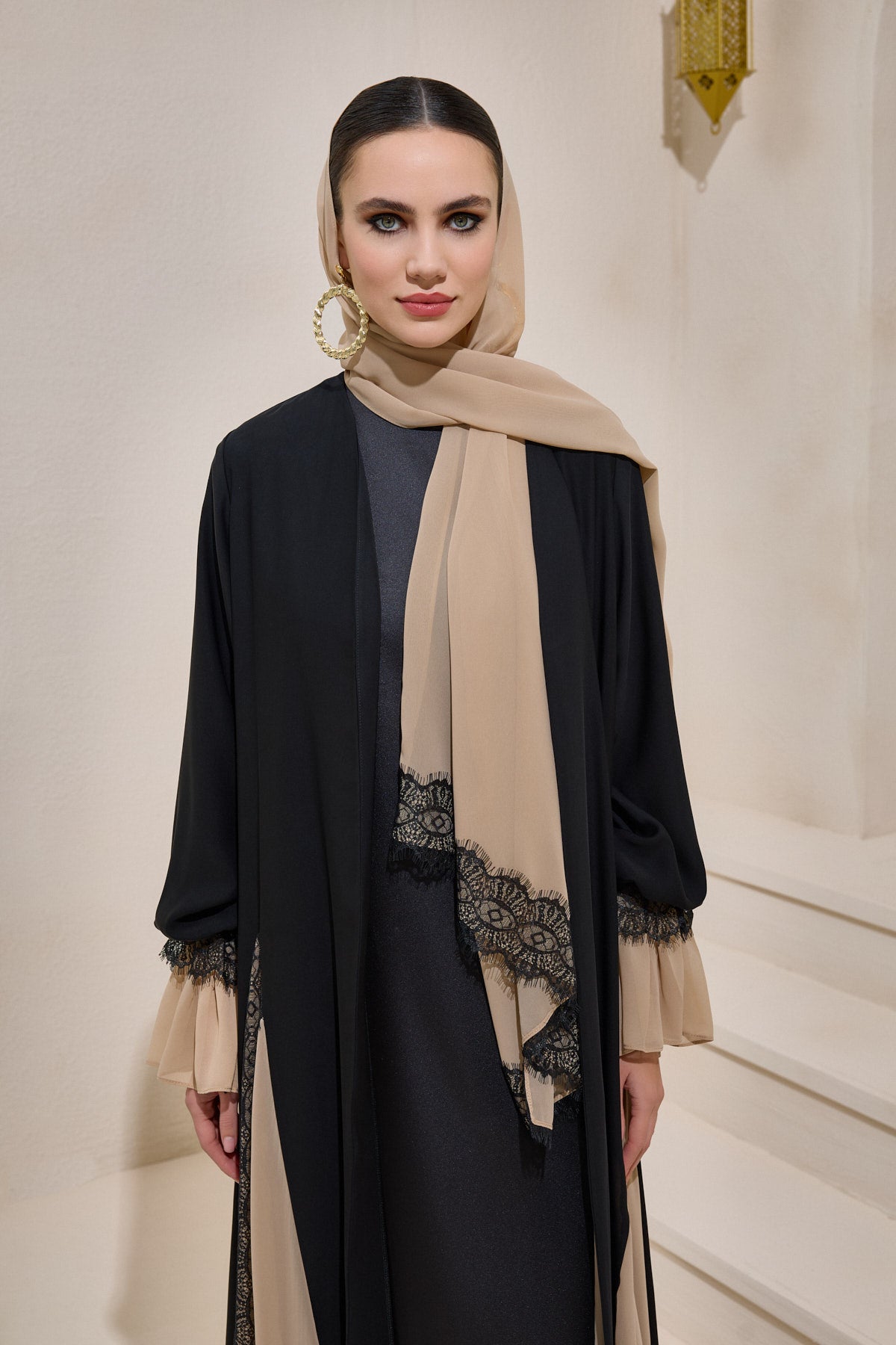 Black Mink Chiffon and Lace Detailed Abaya and Shawl Set