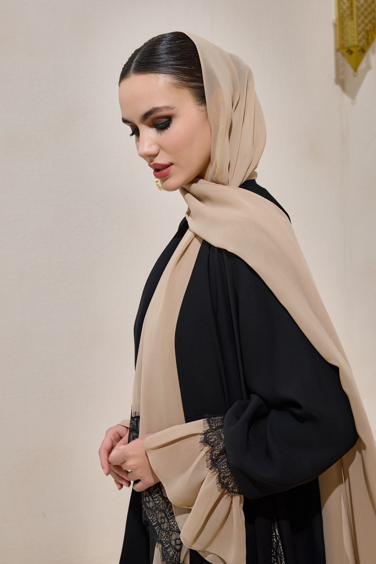 Black Mink Chiffon and Lace Detailed Abaya and Shawl Set