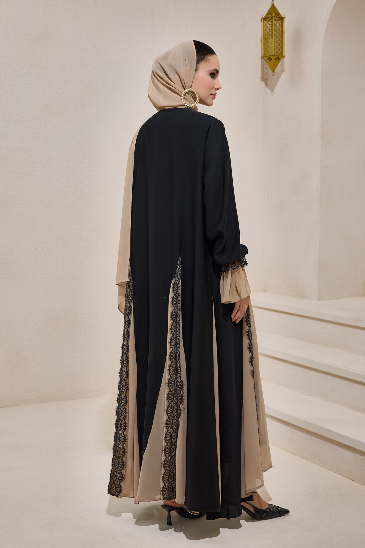 Black Mink Chiffon and Lace Detailed Abaya and Shawl Set