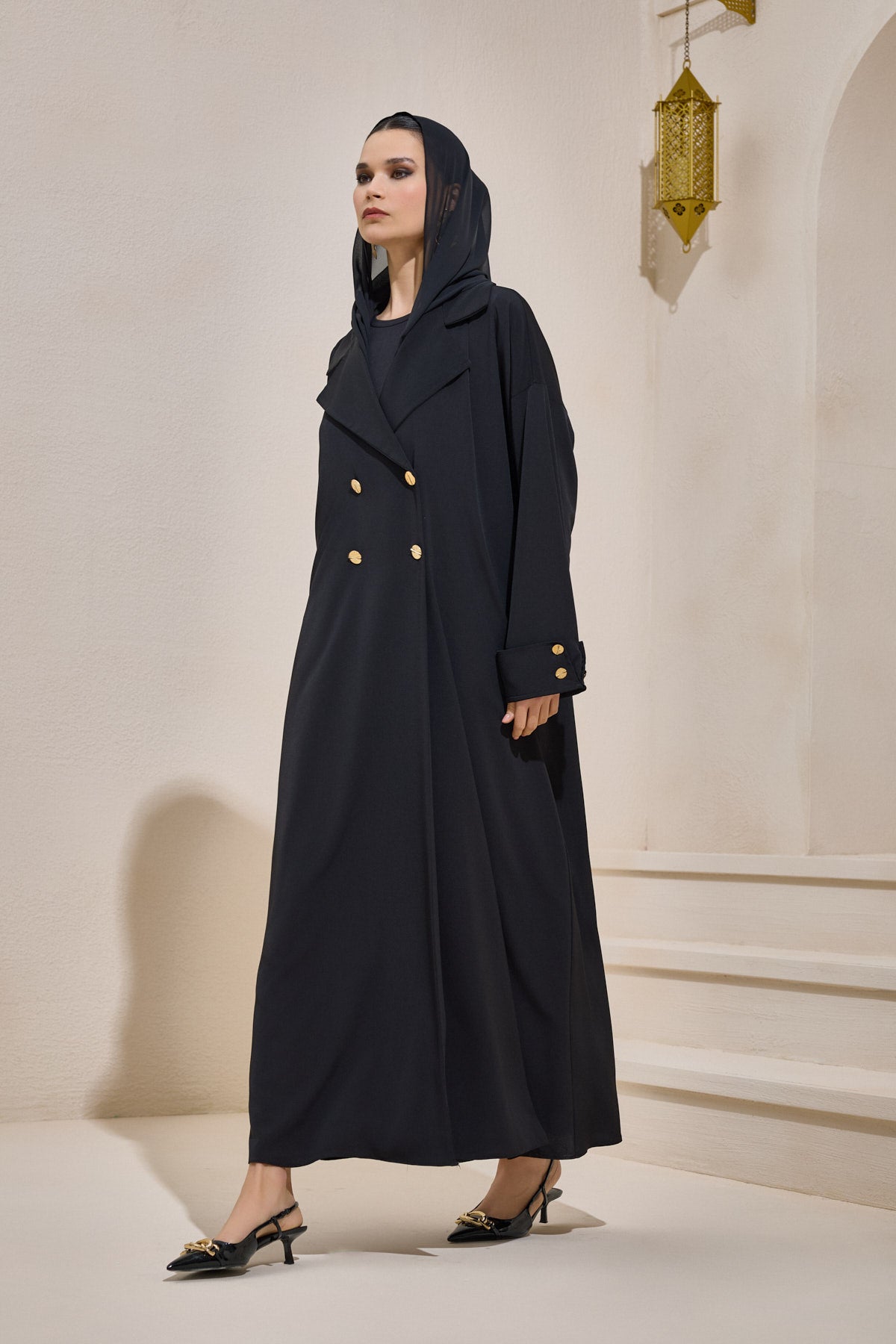 Black Gold Button Detailed Trench Abaya