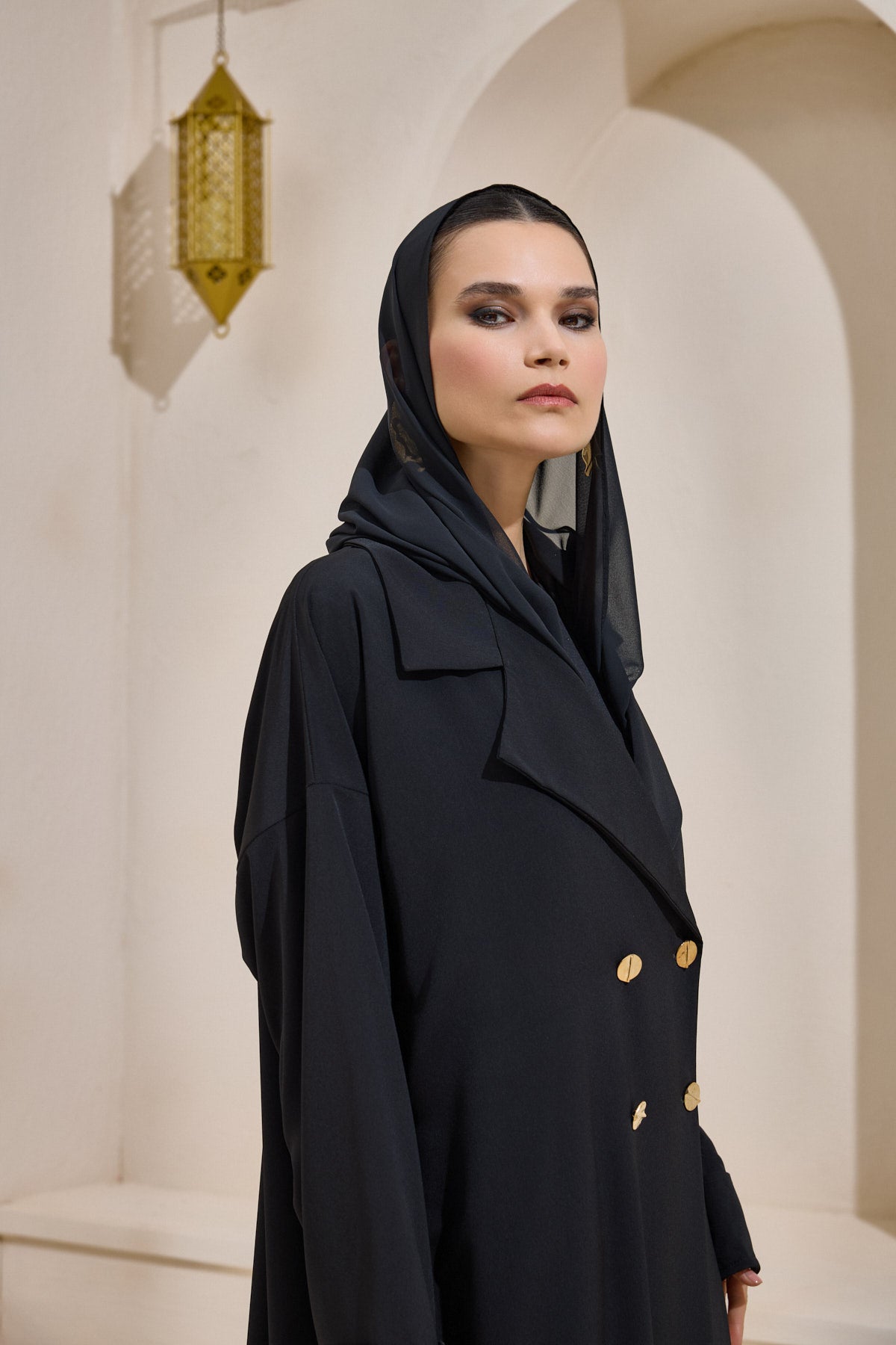 Black Gold Button Detailed Trench Abaya