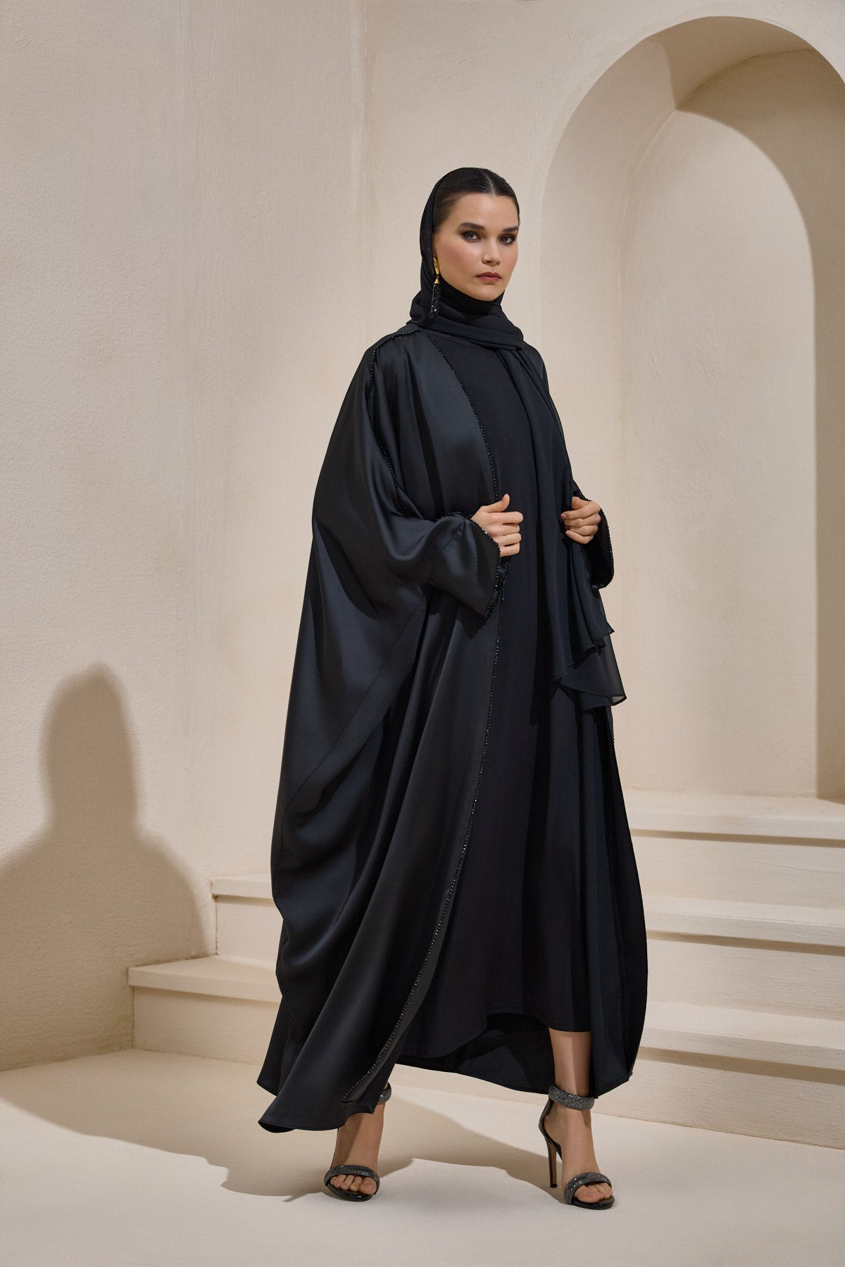 Crystal Embellished Black Satin Abaya