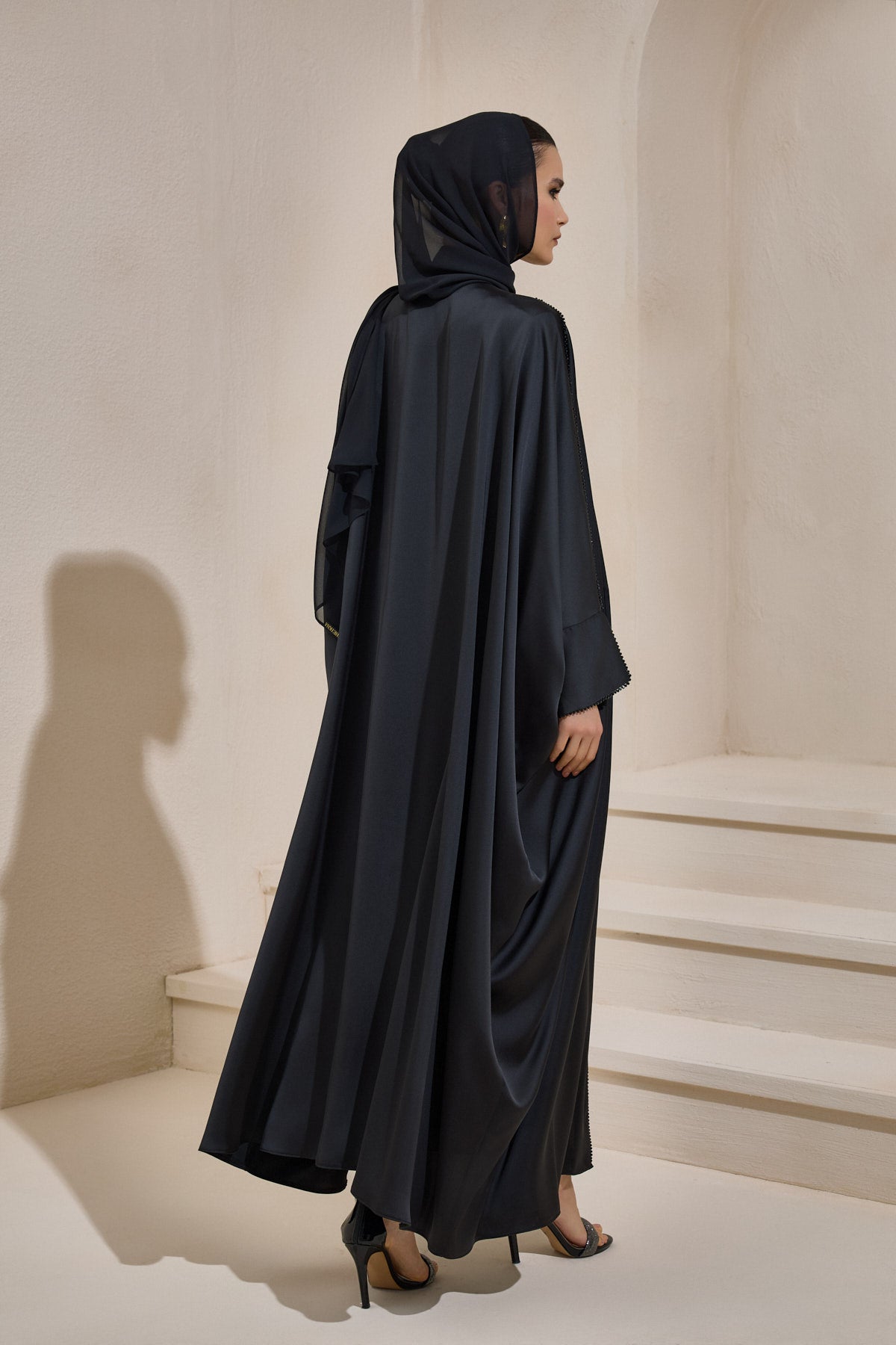 Crystal Embellished Black Satin Abaya