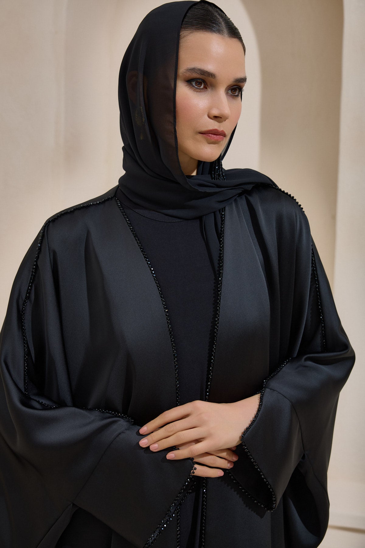 Crystal Embellished Black Satin Abaya