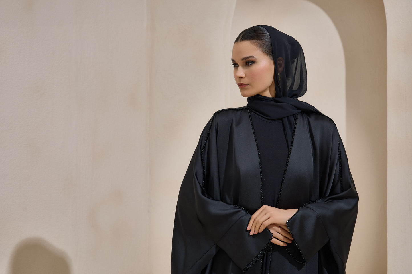 Crystal Embellished Black Satin Abaya