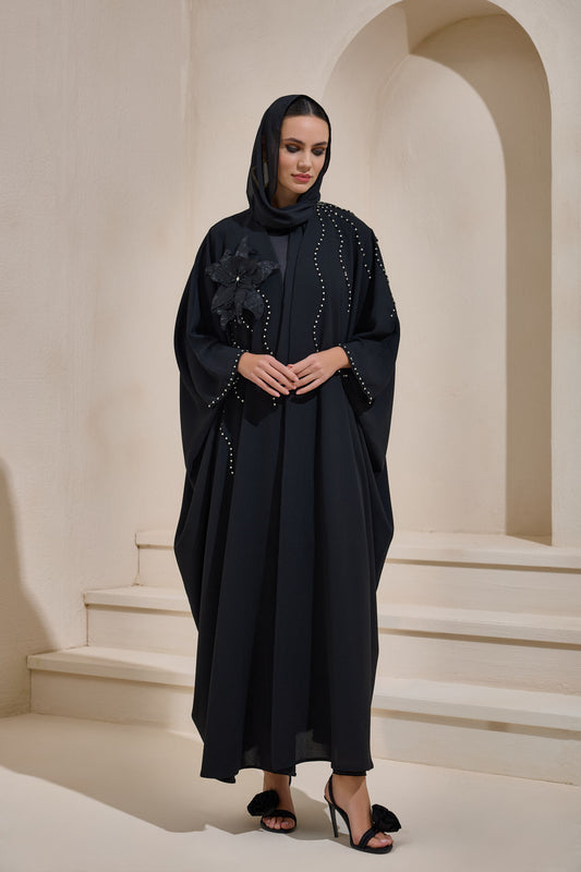 Black Crystal Embellished Flower Abaya