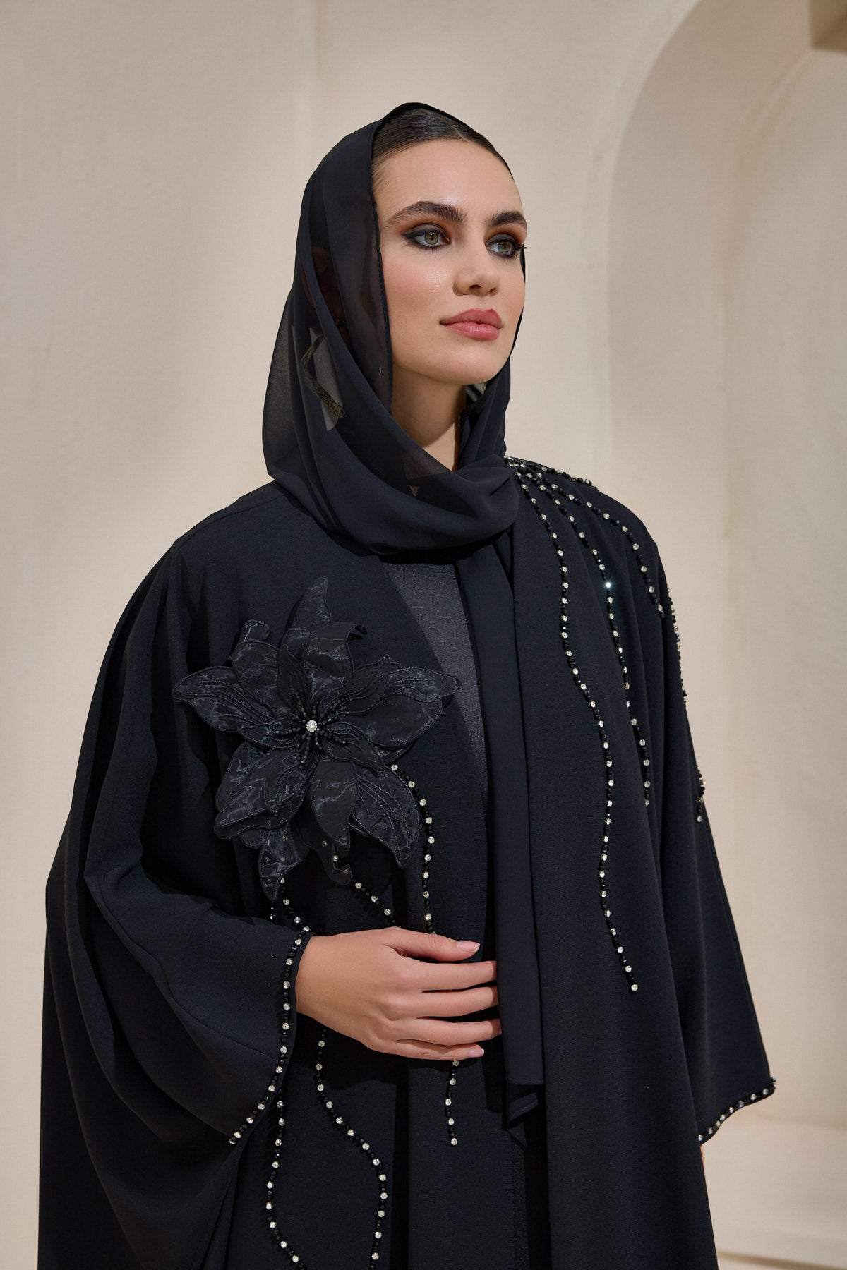 Black Crystal Embellished Flower Abaya