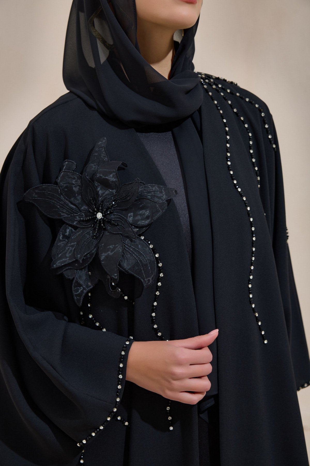 Black Crystal Embellished Flower Abaya