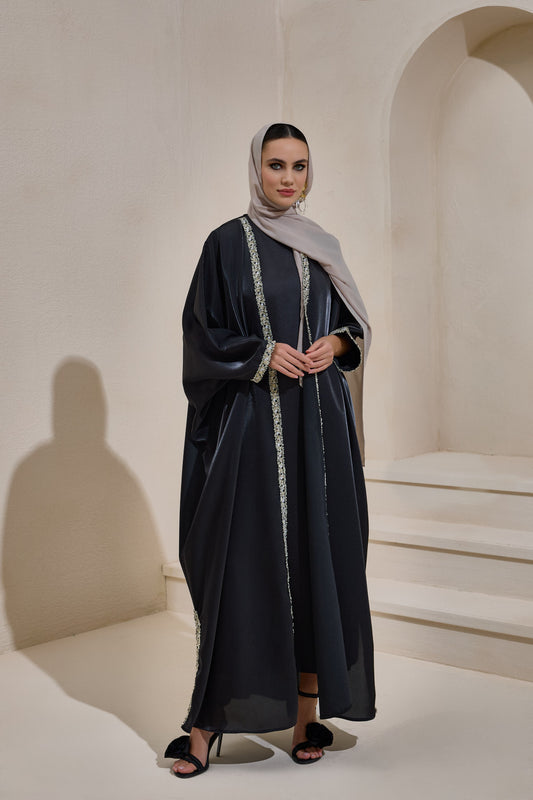 Black Oversized Satin Abaya Set with Shawl