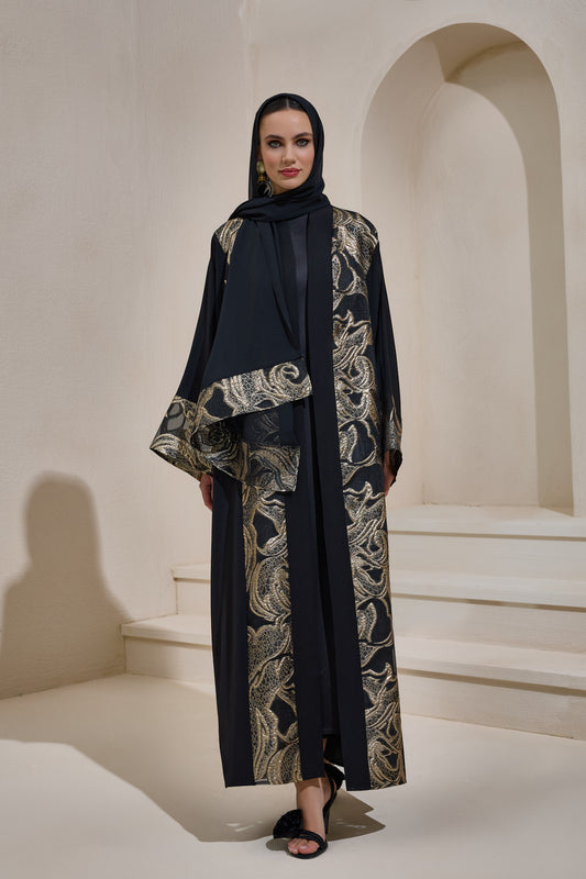 Black Gold Brocade Abaya Set with Shawl