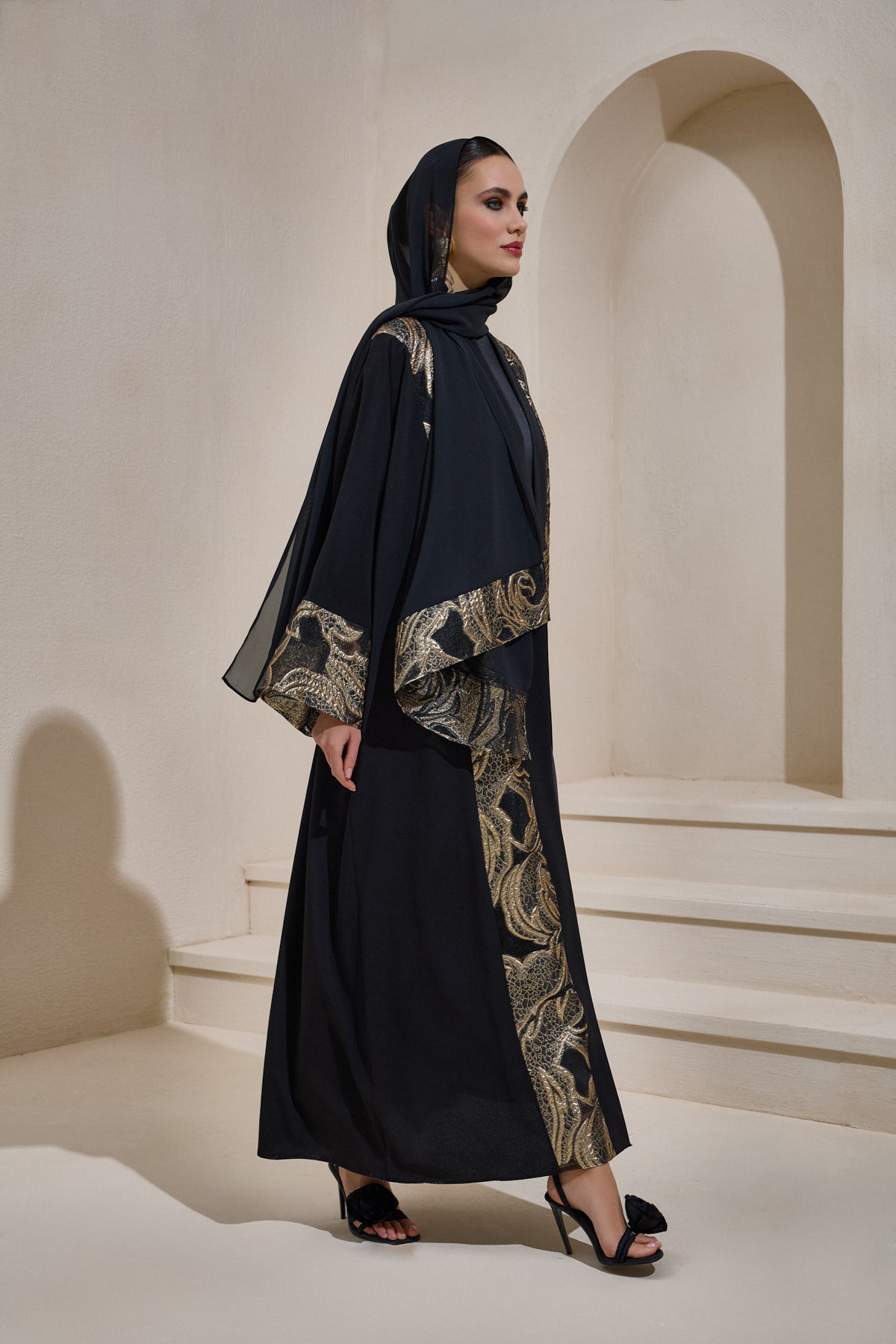 Black Gold Brocade Abaya Set with Shawl