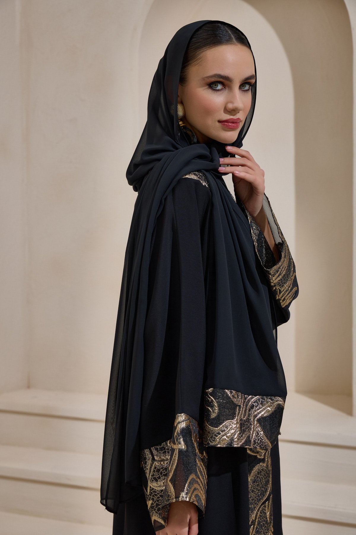 Black Gold Brocade Abaya Set with Shawl