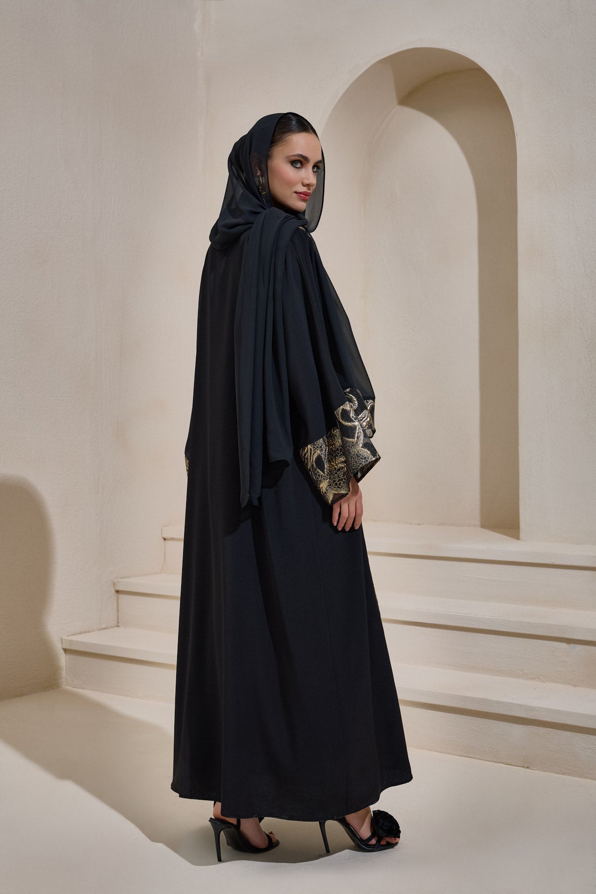 Black Gold Brocade Abaya Set with Shawl