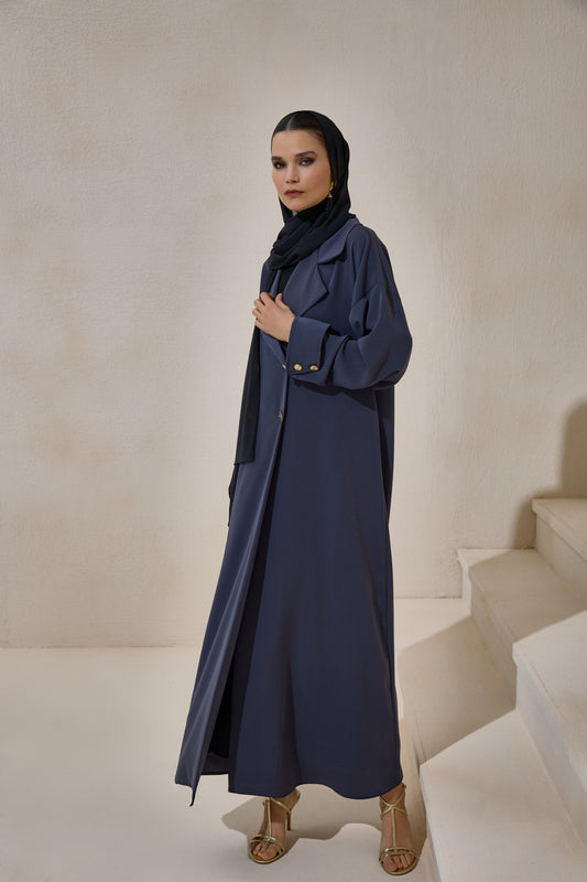 Gray Gold Button Detailed Trench Abaya