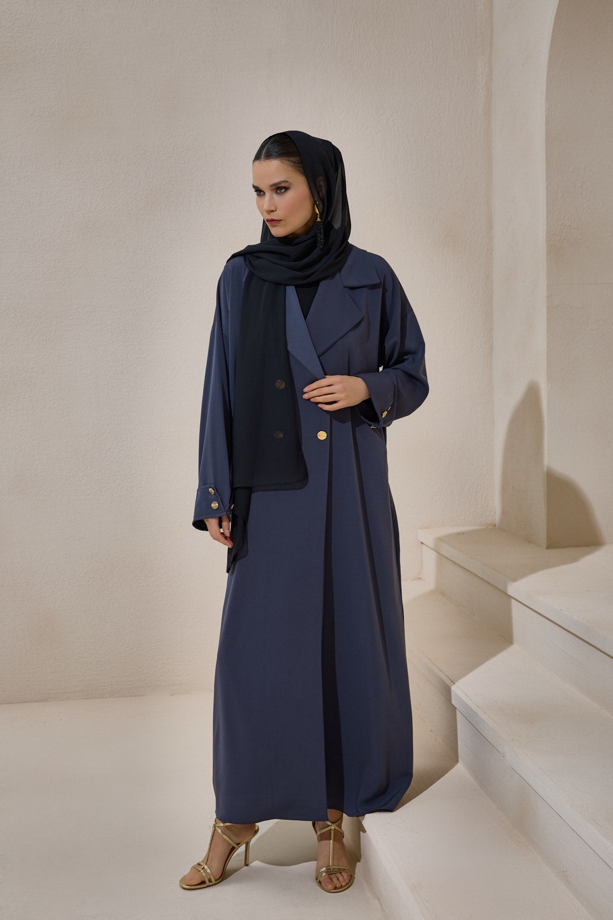 Gray Gold Button Detailed Trench Abaya