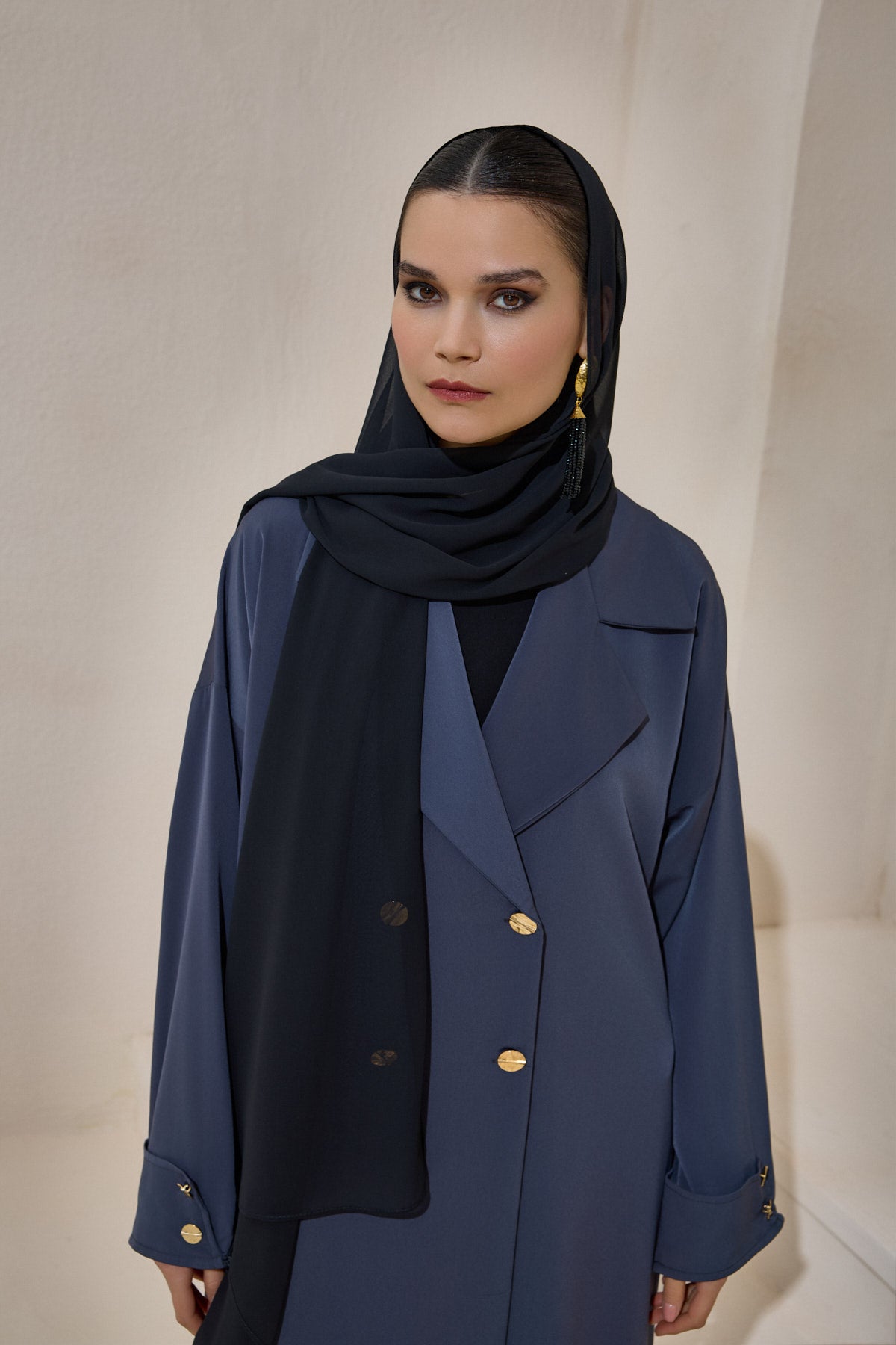 Gray Gold Button Detailed Trench Abaya