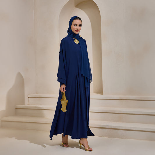 Crepe Abaya Navy Blue Set With Inner Dress