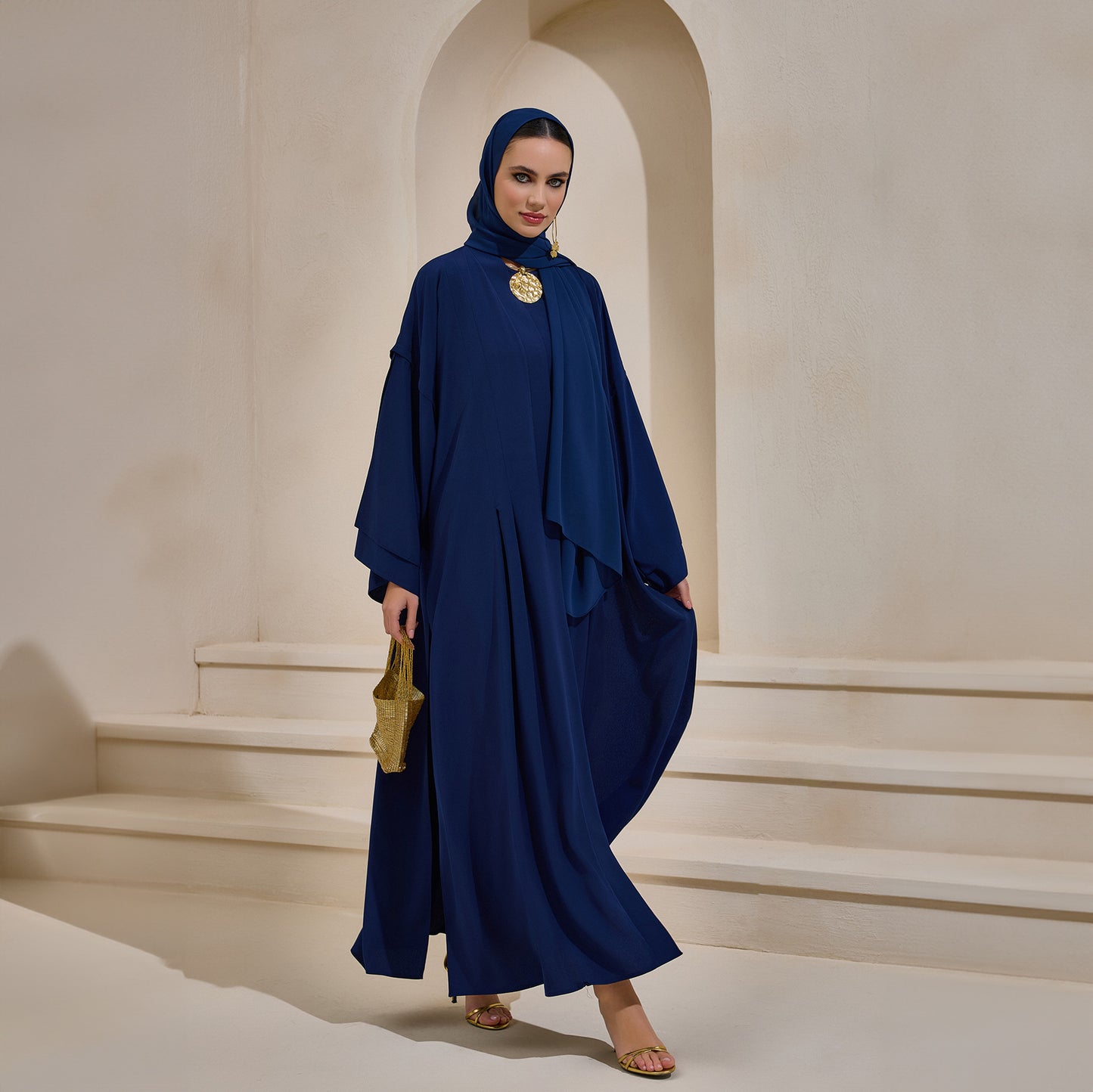 Crepe Abaya Navy Blue Set With Inner Dress