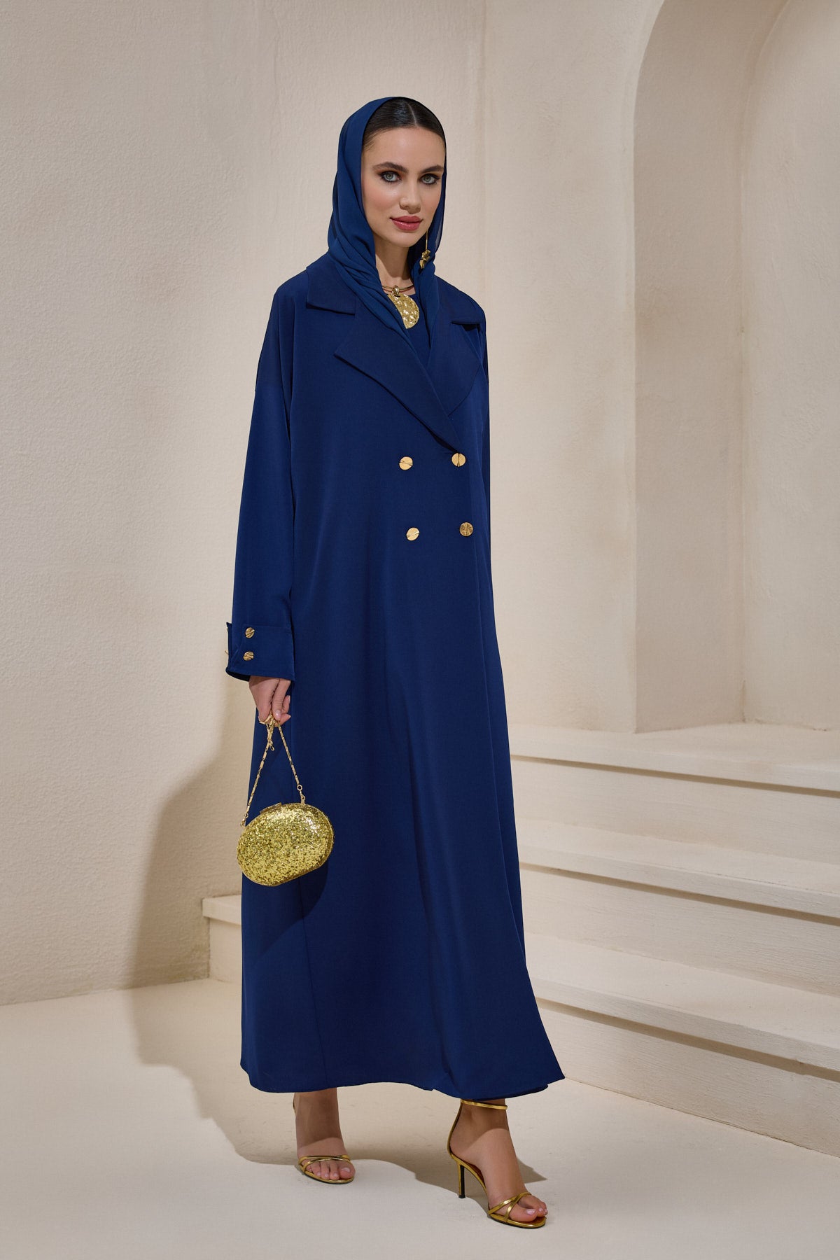 Navy Blue Gold Button Detailed Trench Abaya