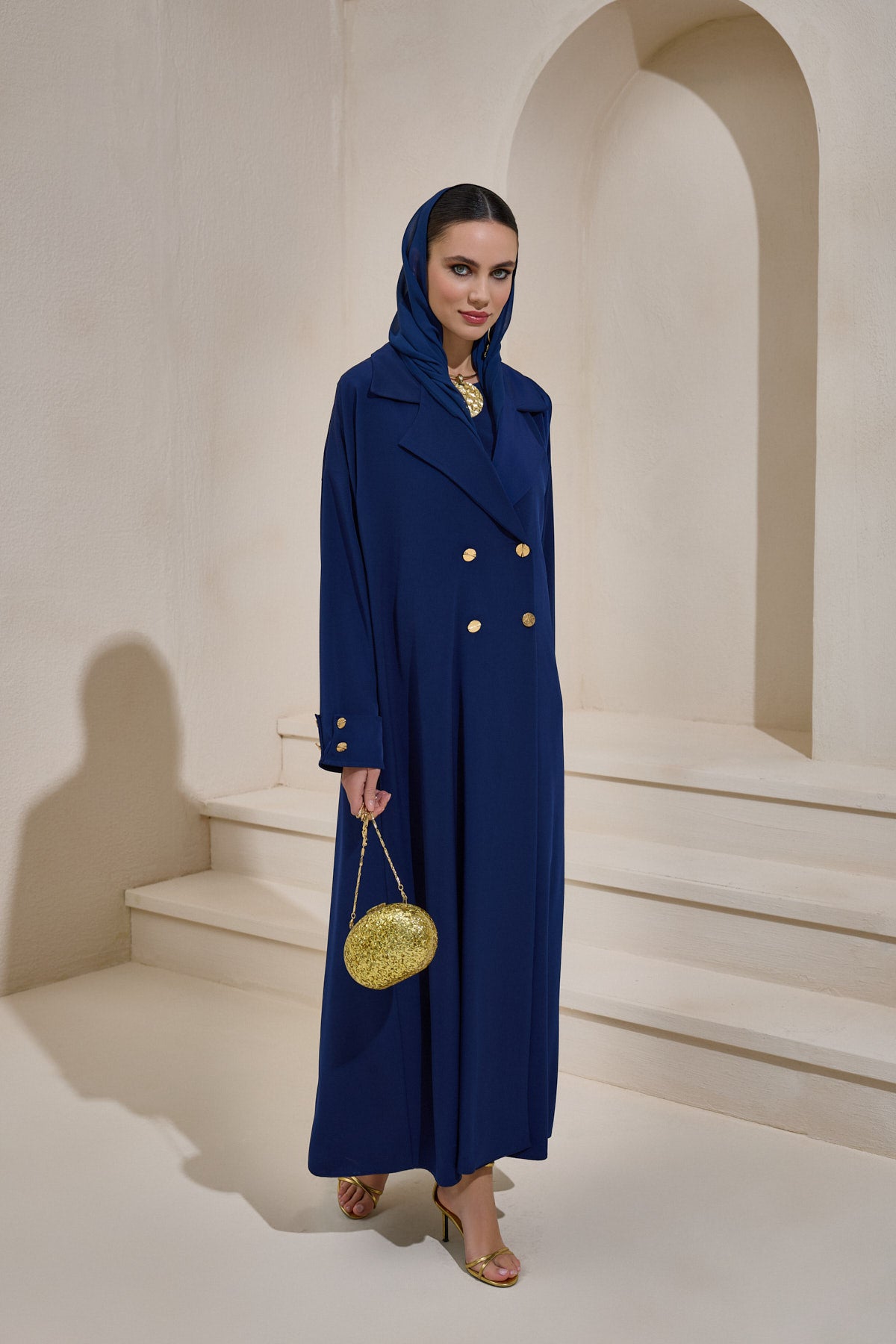 Navy Blue Gold Button Detailed Trench Abaya