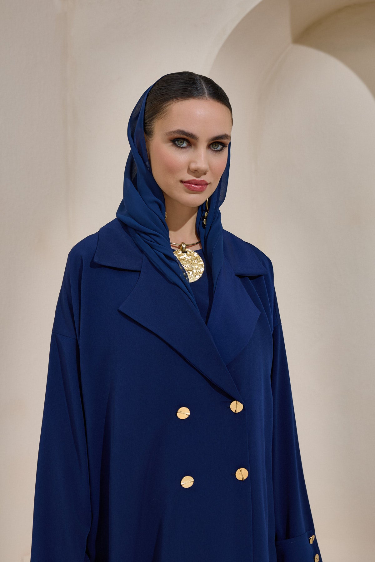 Navy Blue Gold Button Detailed Trench Abaya