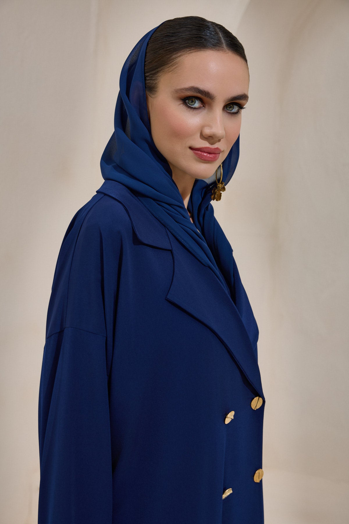 Navy Blue Gold Button Detailed Trench Abaya