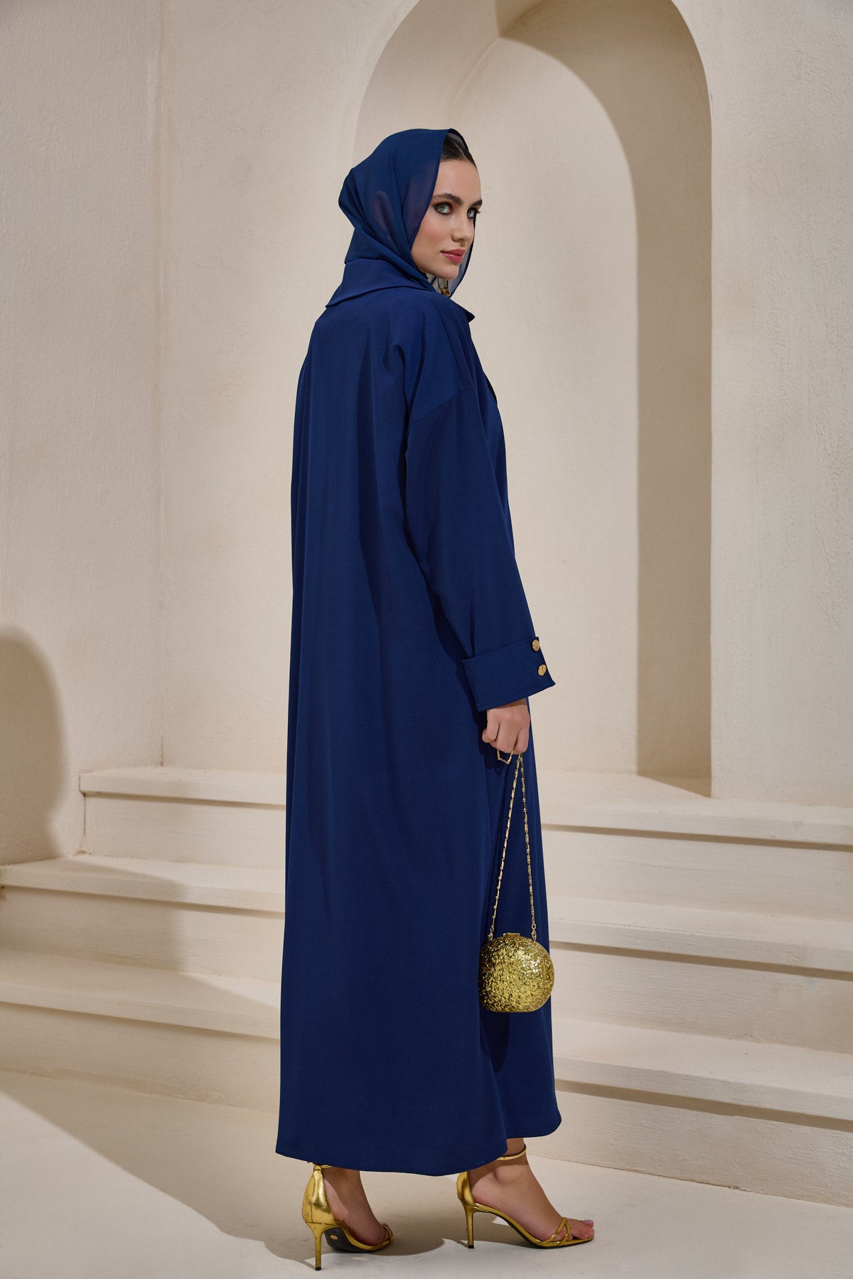 Navy Blue Gold Button Detailed Trench Abaya